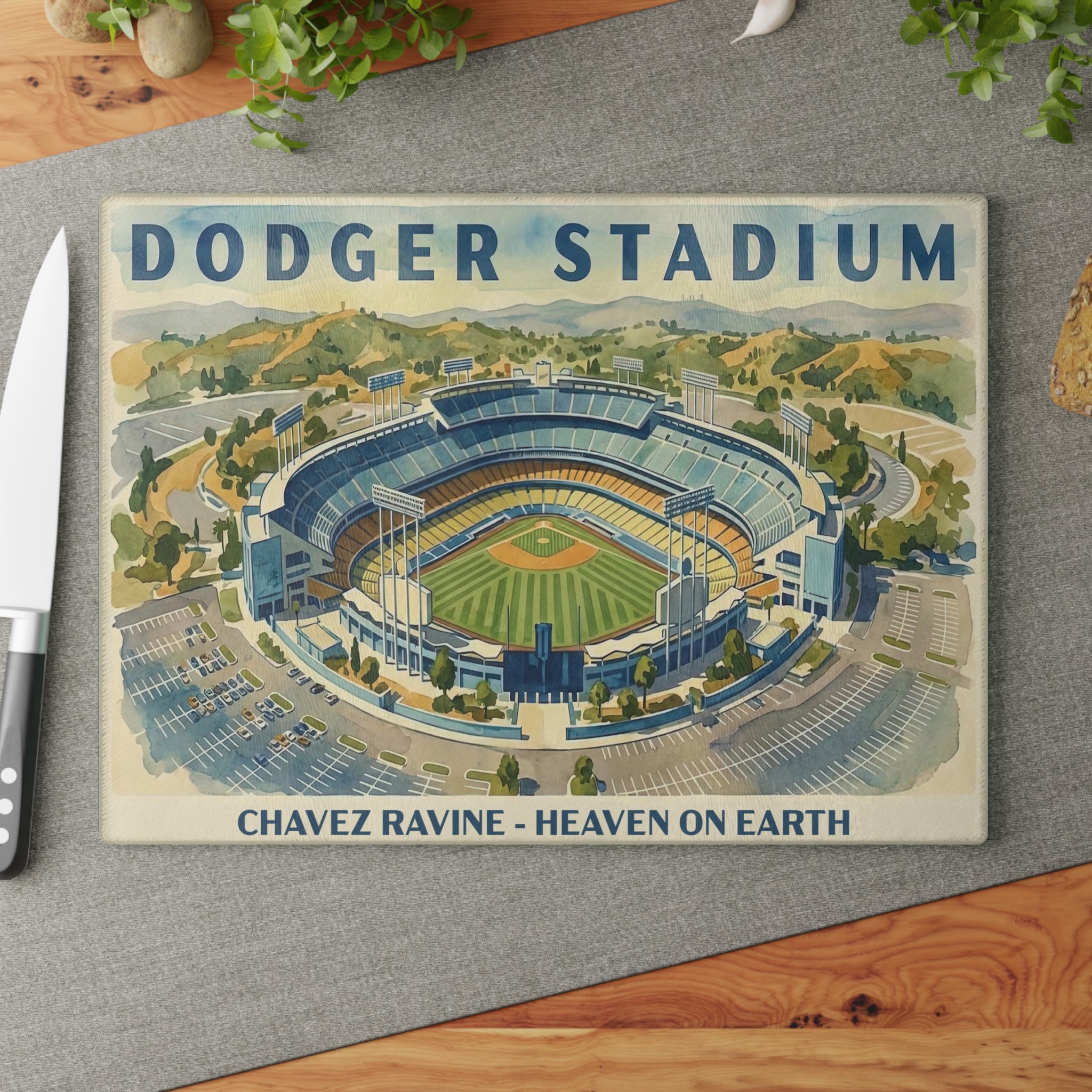 WPA Style Baseball Watercolor Dodger Stadium Glass Cutting Board