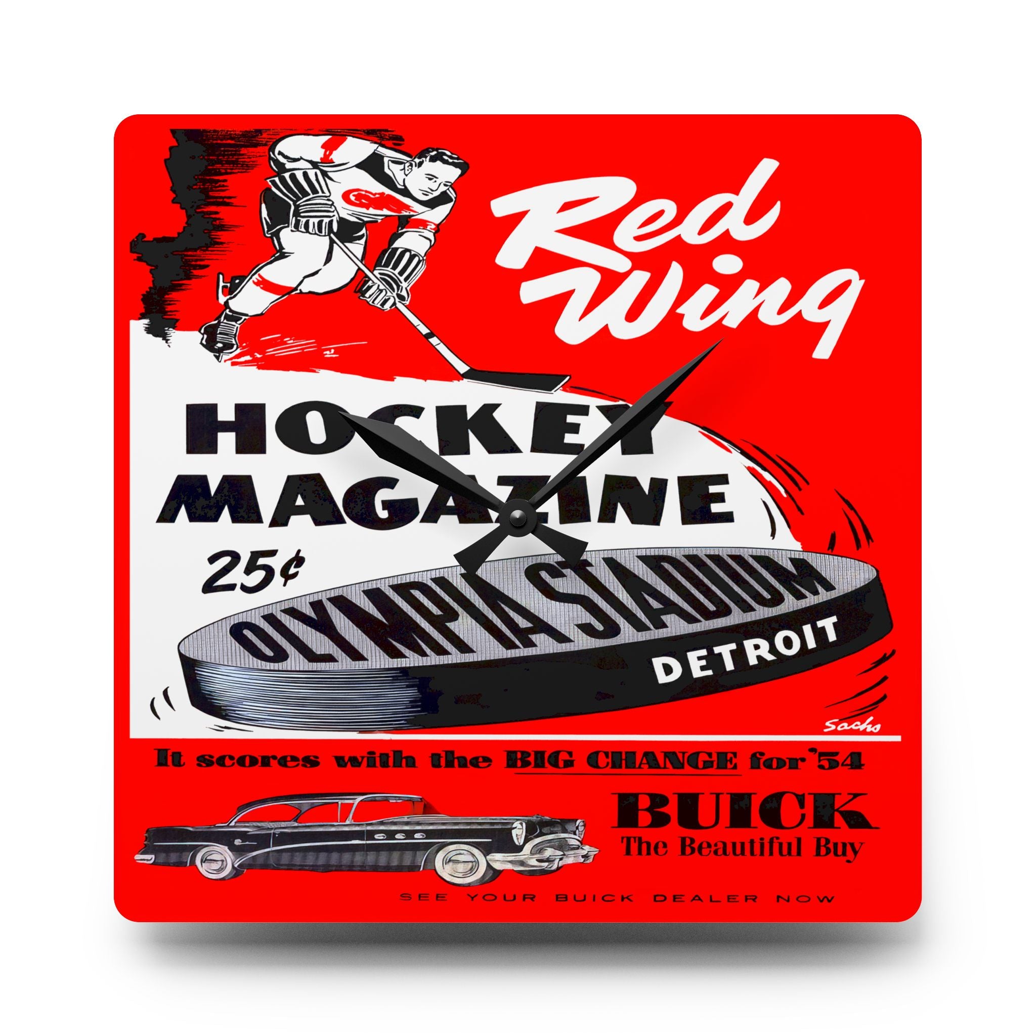 Vintage Hockey Acrylic Wall Clock, Detroit Red Wings Memorabilia, Sports Fan Decor, Retro Game Program Art, Unique Gift for Hockey Lover