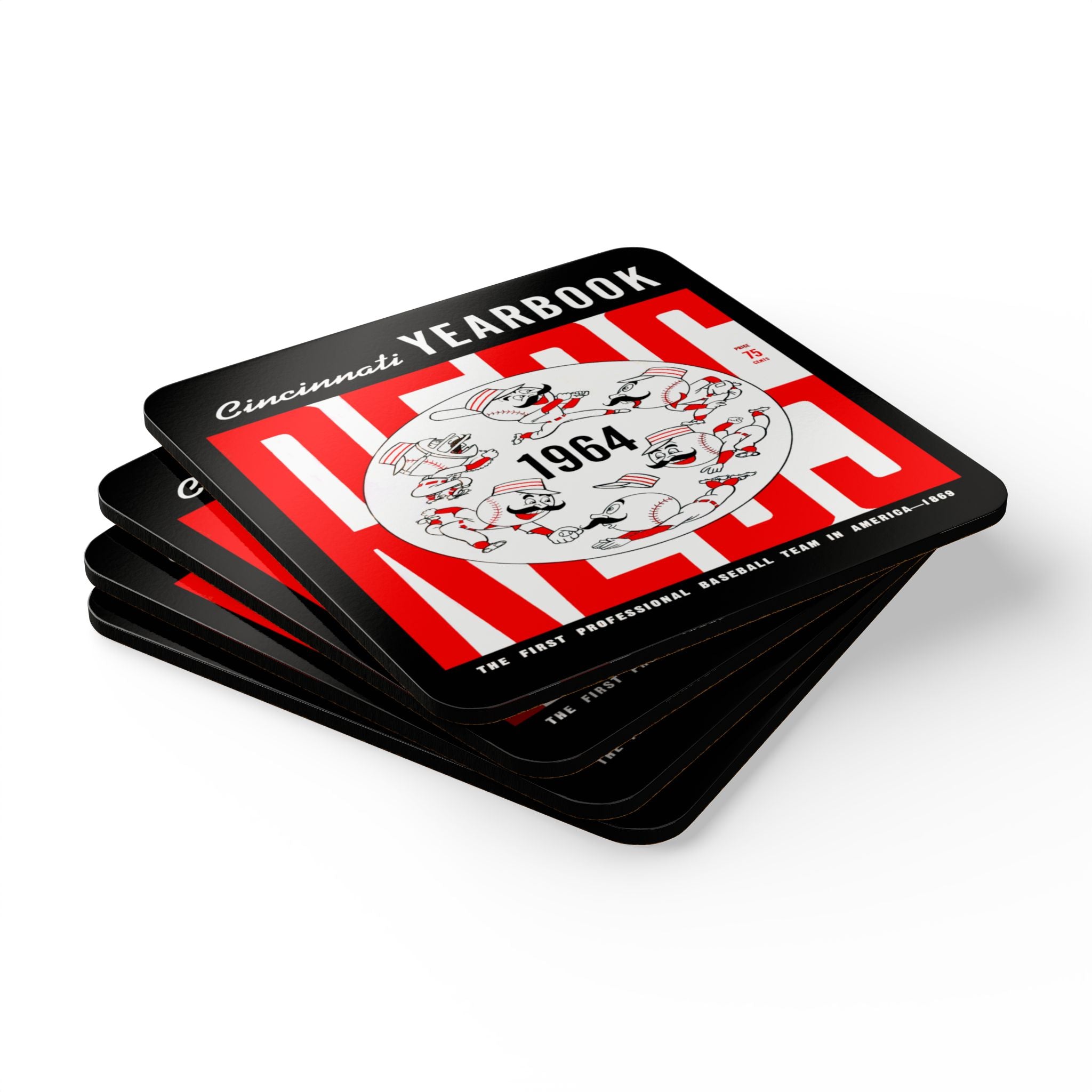 1964 Vintage Cincinnati Reds Baseball Yearbook Cover - Corkwood Coaster Set