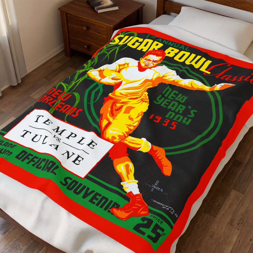 1935 Sugar Bowl Classic Football Program Cover - Temple-Tulane Velveteen Plush Blanket