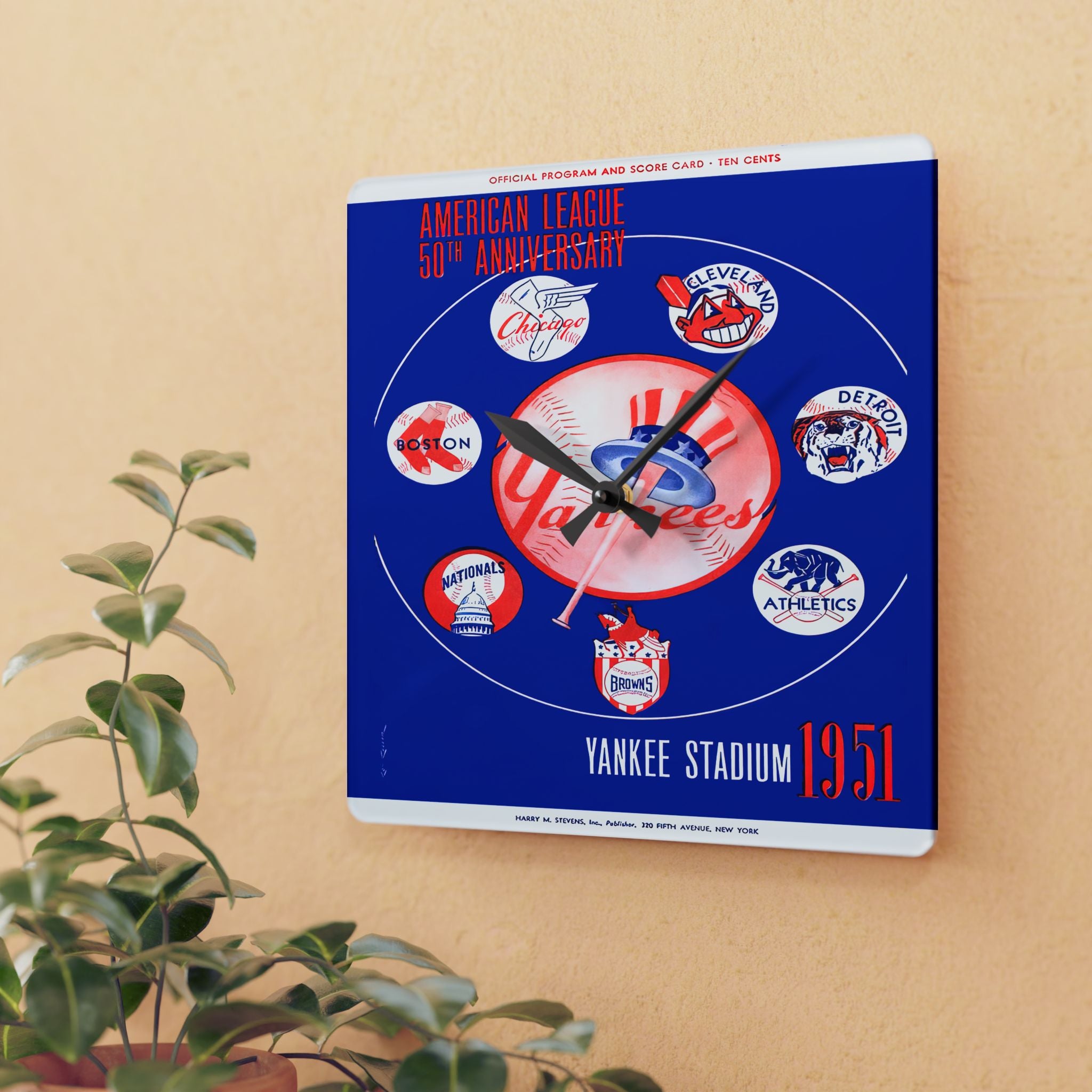 1951 Vintage New York Yankees Scorecard  Cover - 50th Anniversary - American League - Acrylic Wall Clock