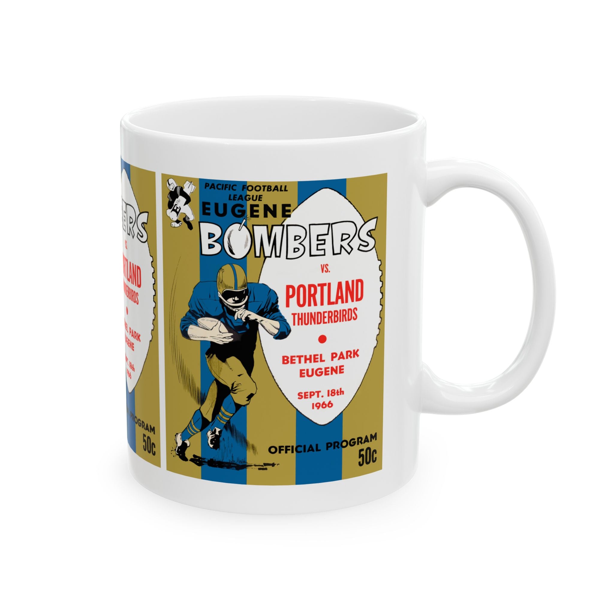 Vintage 1966 Football Eugene Bombers-Portland Thunderbirds Ceramic Mug, Retro Sports Fan Drinkware, Gift for Football Enthusiasts, 11oz
