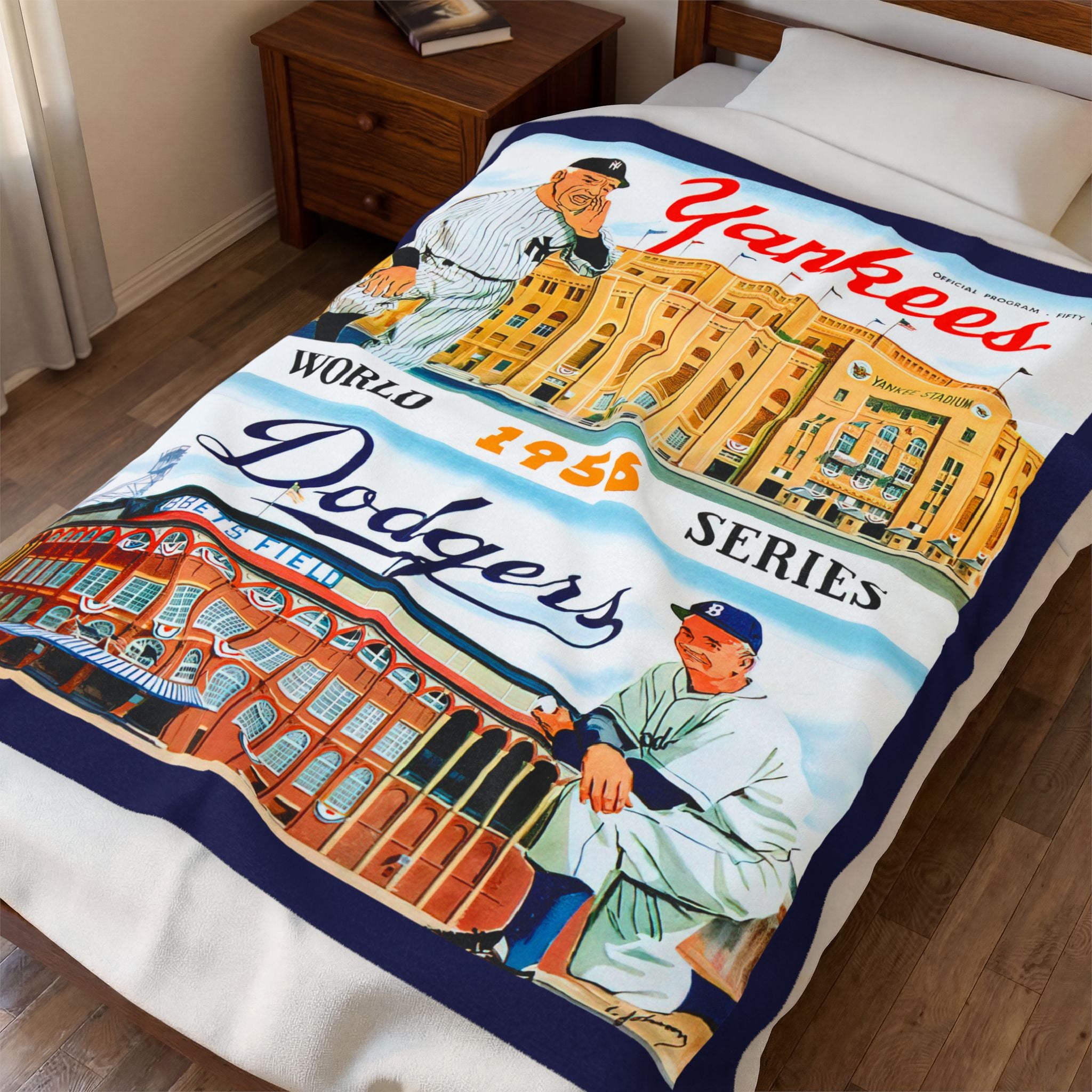 Velveteen Throw Blanket, Vintage 1956 Baseball World Series New York Yankees Brooklyn Dodgers, Home Decor, Bedding, Gift for Sports Fans