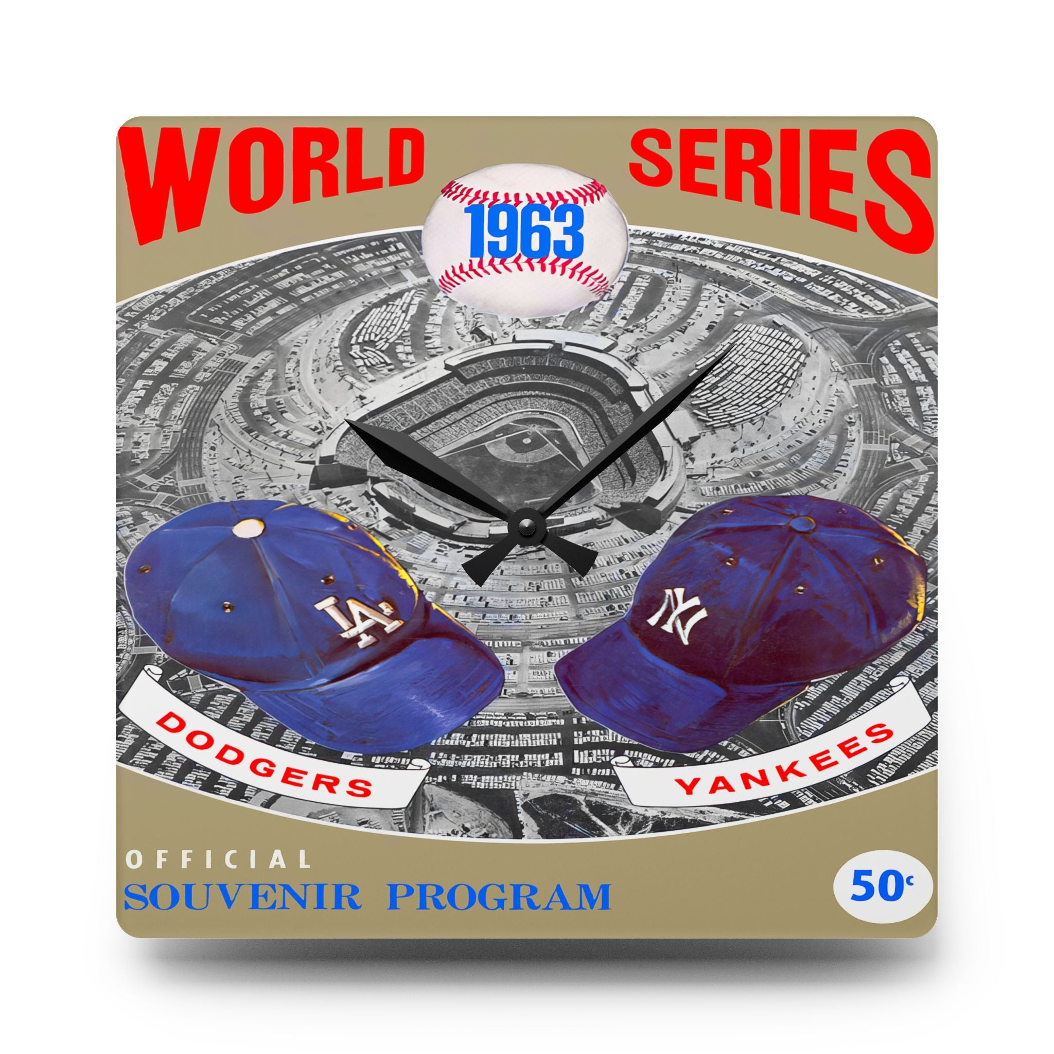 Vintage Baseball World Series Acrylic Wall Clock, 1963 Dodger Stadium Yankees Dodgers, Sports Memorabilia, Home Decor Gift for Baseball Fans