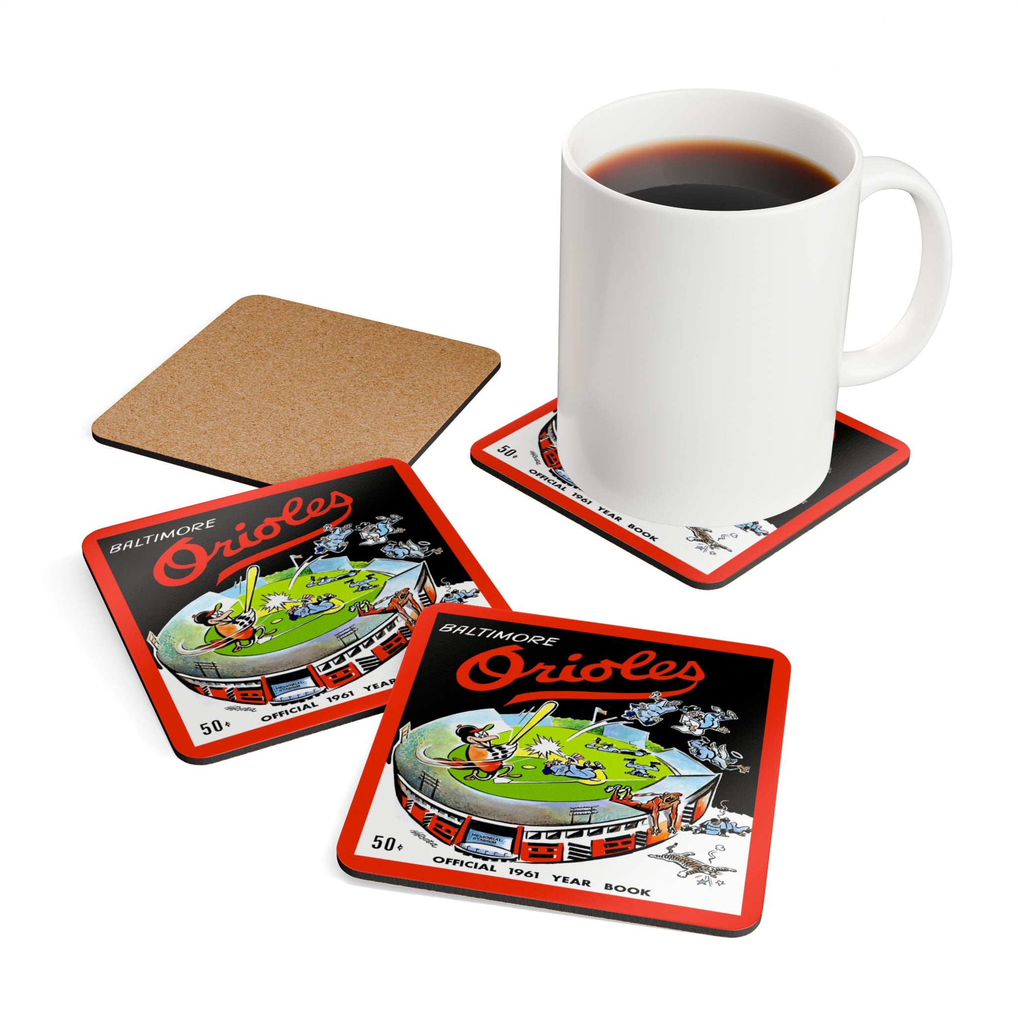 1961 Vintage Baltimore Orioles Yearbook Cover- Corkwood Coaster Set