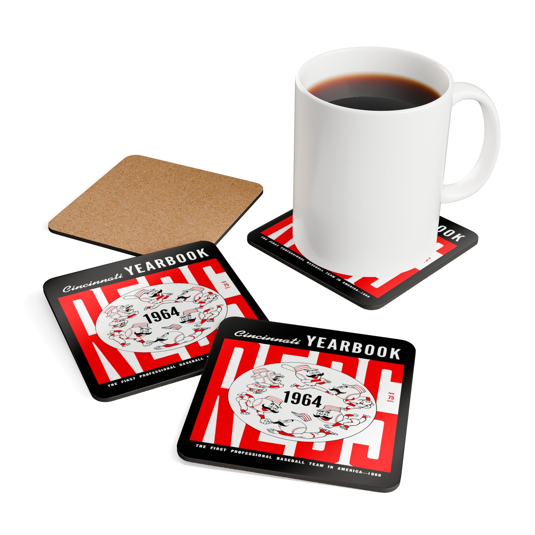 1964 Vintage Cincinnati Reds Baseball Yearbook Cover - Corkwood Coaster Set