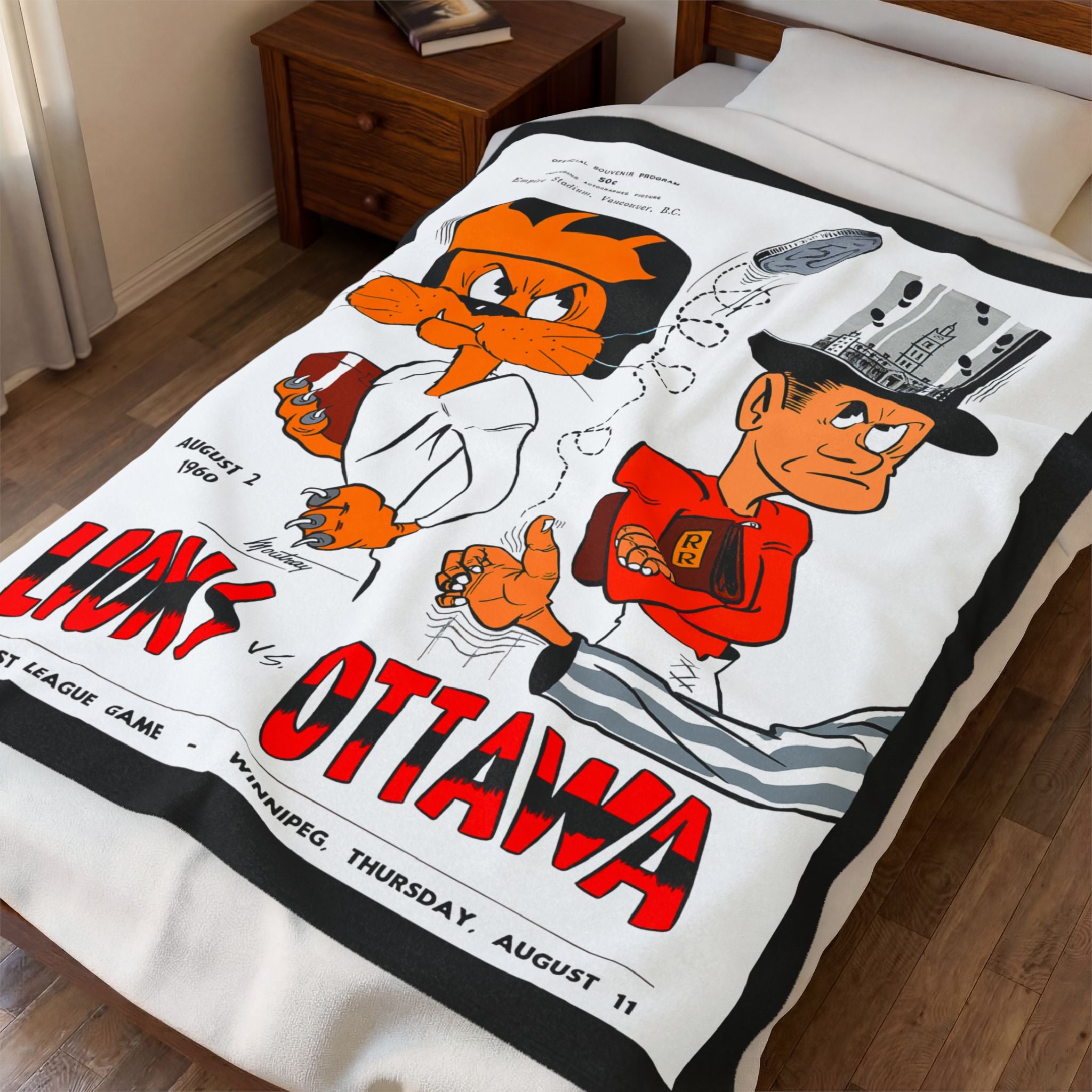 Velveteen Plush Blanket, 1960 CFL Football Ottawa Rough Riders - BC Lions, Vintage Sports Throw, Retro Football Bedding, Cozy Fleece