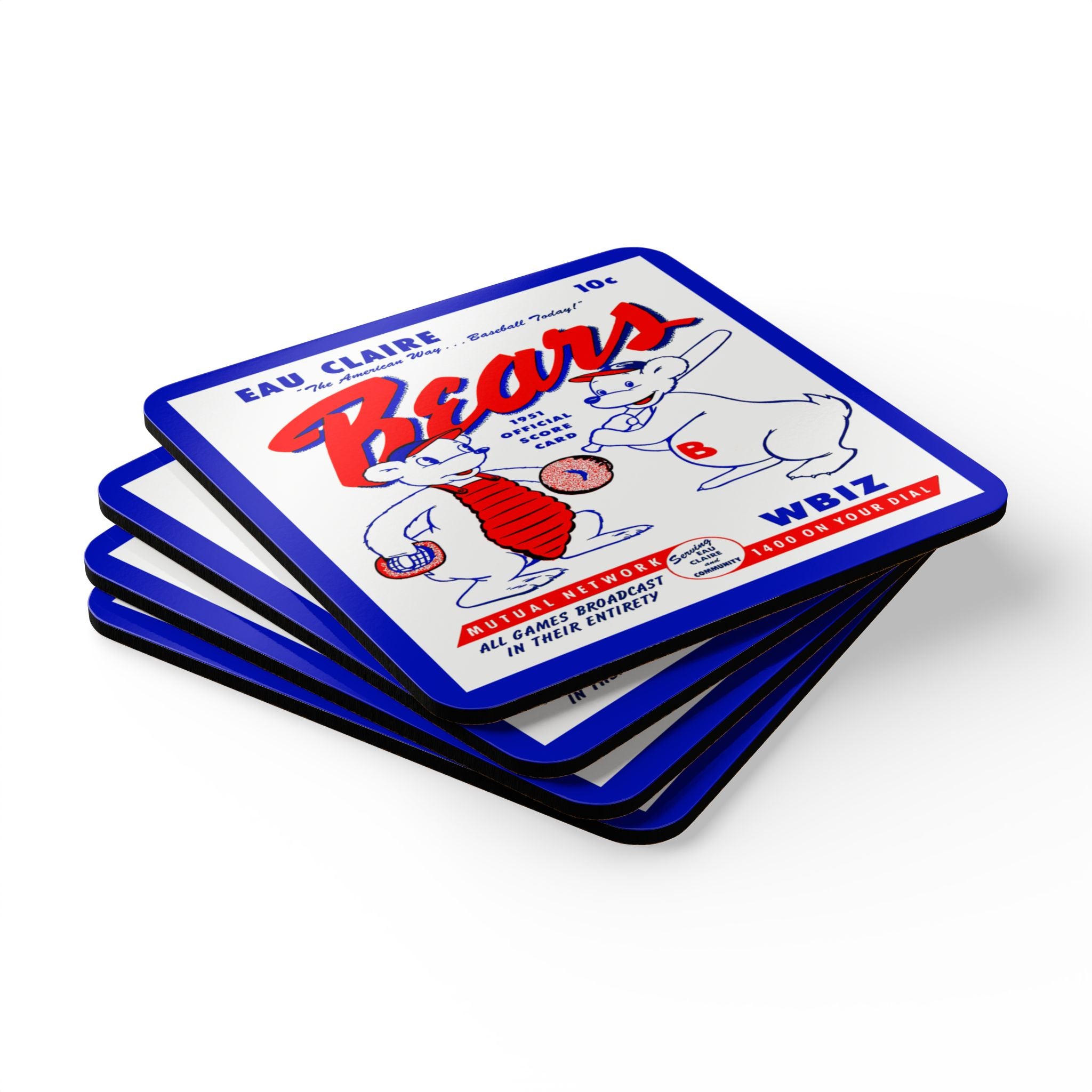 1951 Vintage Eau Claire Bears Baseball Scorecard Cover - Corkwood Coaster Set