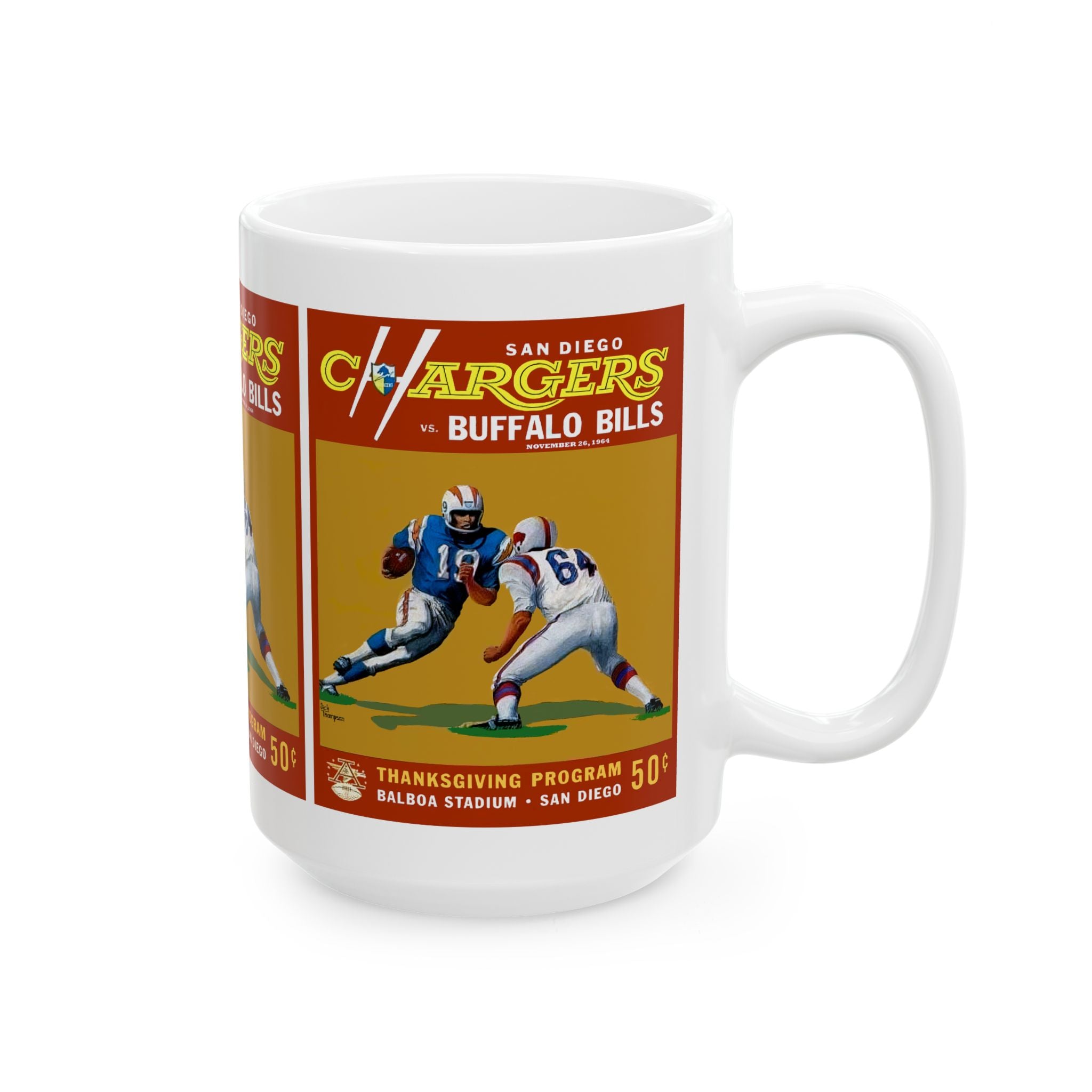 Football Ceramic Mug, 1964 San Diego Chargers Buffalo Bills Sports Fan 11oz White Coffee Cup, Gift for Football Enthusiast, Sports Lover,