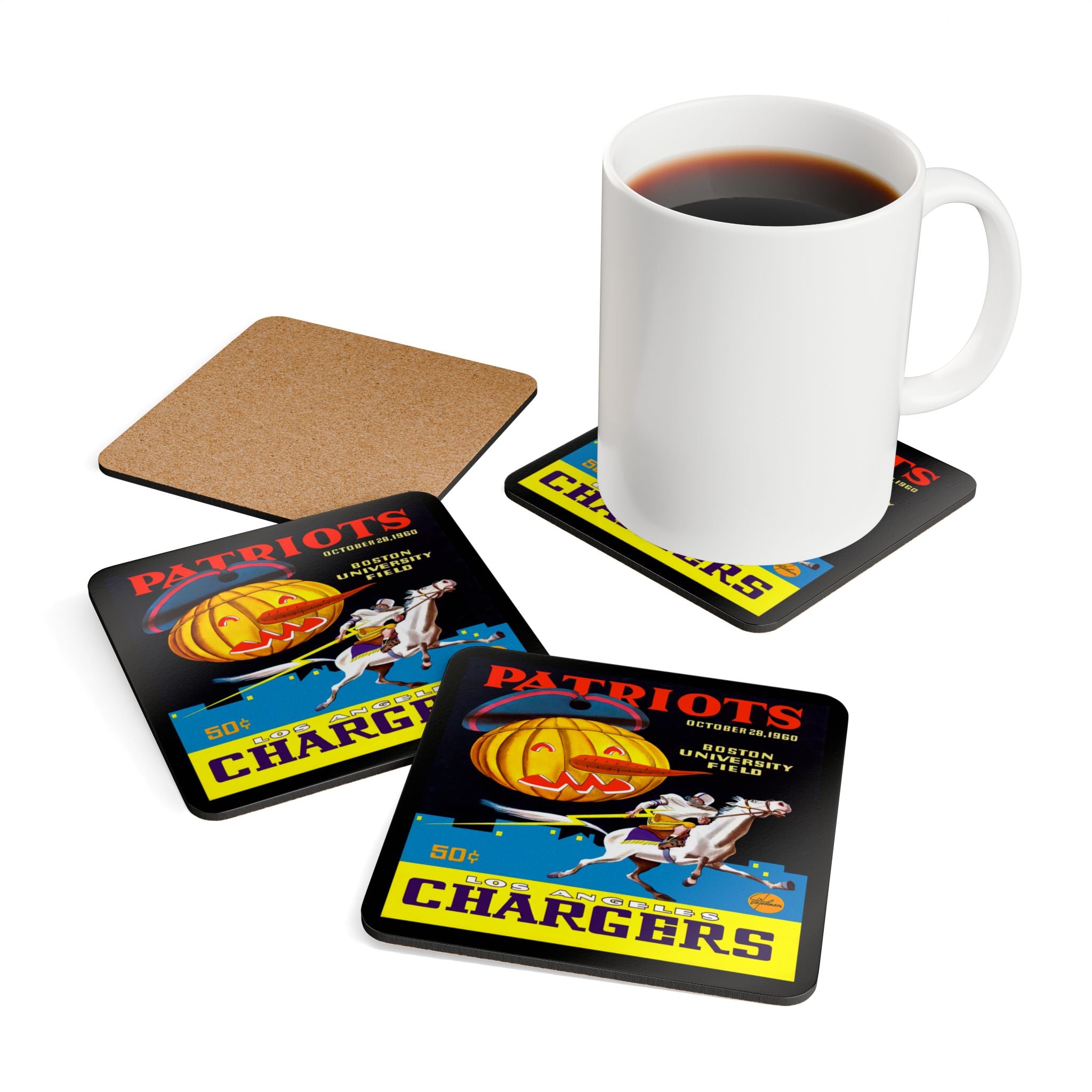 1960 Vintage Los Angeles Chargers - Boston Patriots Football Program Cover - Corkwood Coaster Set