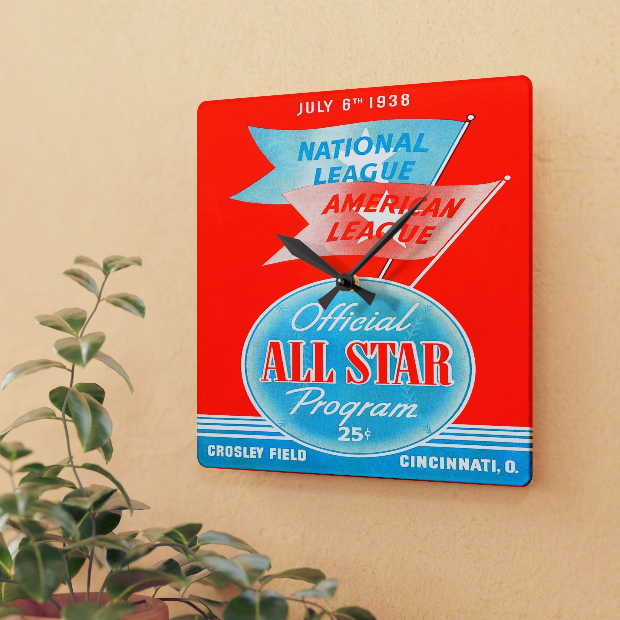 Vintage Baseball Acrylic Wall Clock, 1938 All-Star Game Crosley Field Cincinnati Decor, Unique Sports Fan Gift, Large Modern Timepiece, Home
