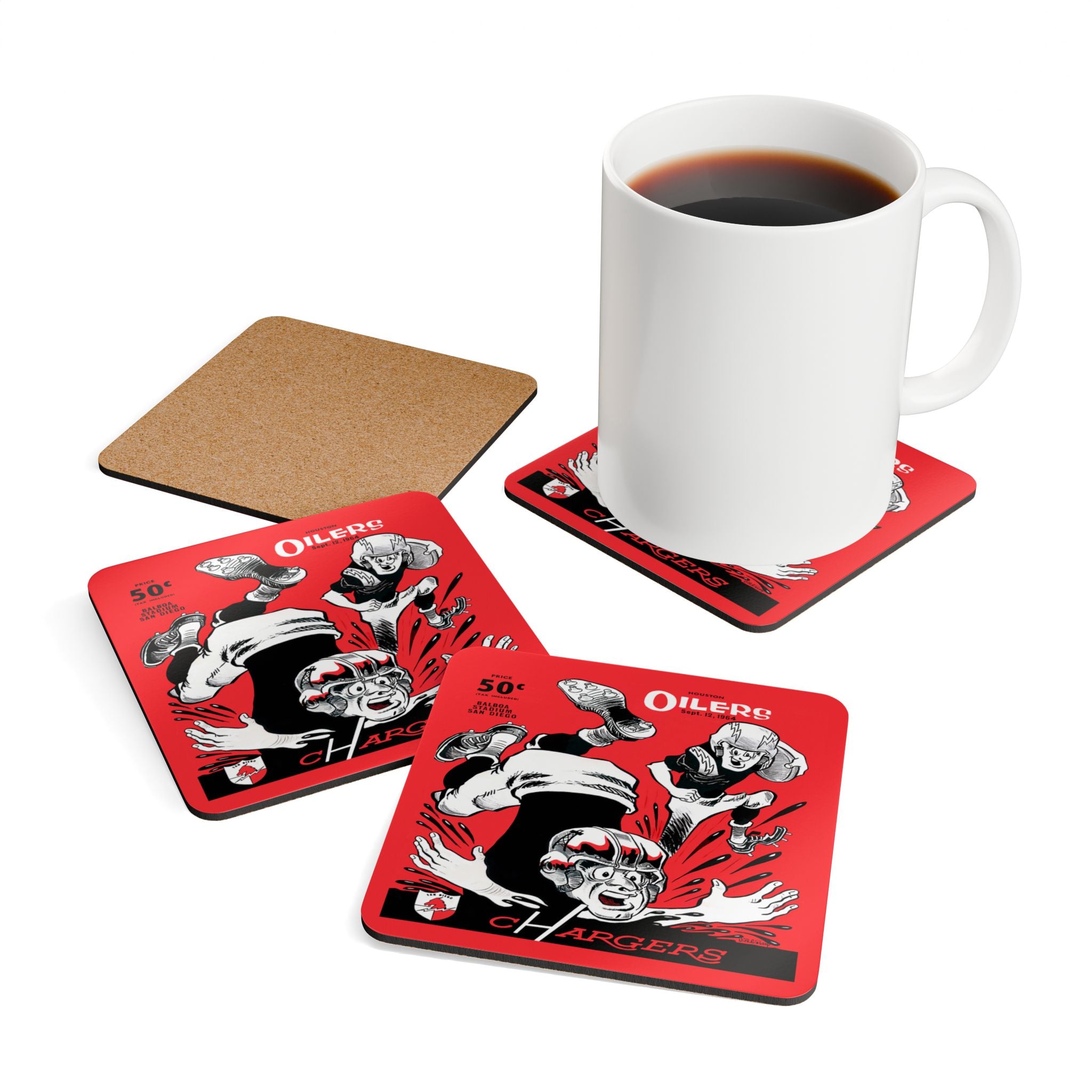 1964 Vintage San Diego Chargers - Houston Oilers Football Program Cover - Corkwood Coaster Set