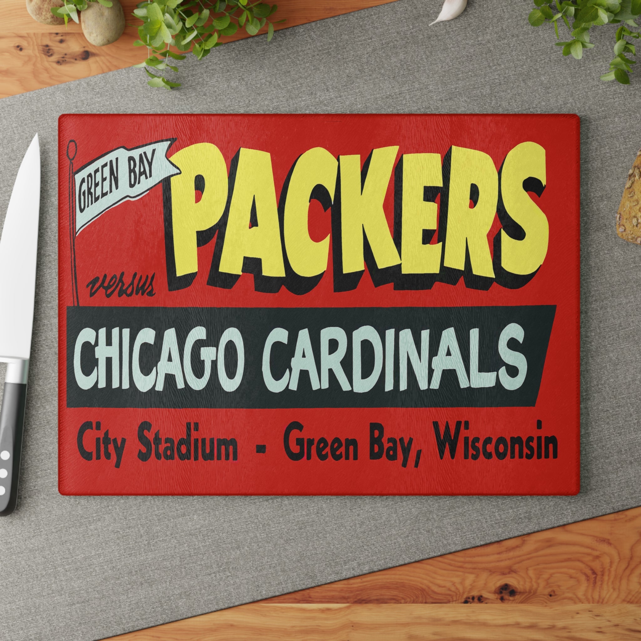 Vintage 1955 Packers - Cardinals Football Glass Cutting Board, Cutting Board, Kitchen Decor, Cheese Board, Sports Fan Gift, Housewarming,