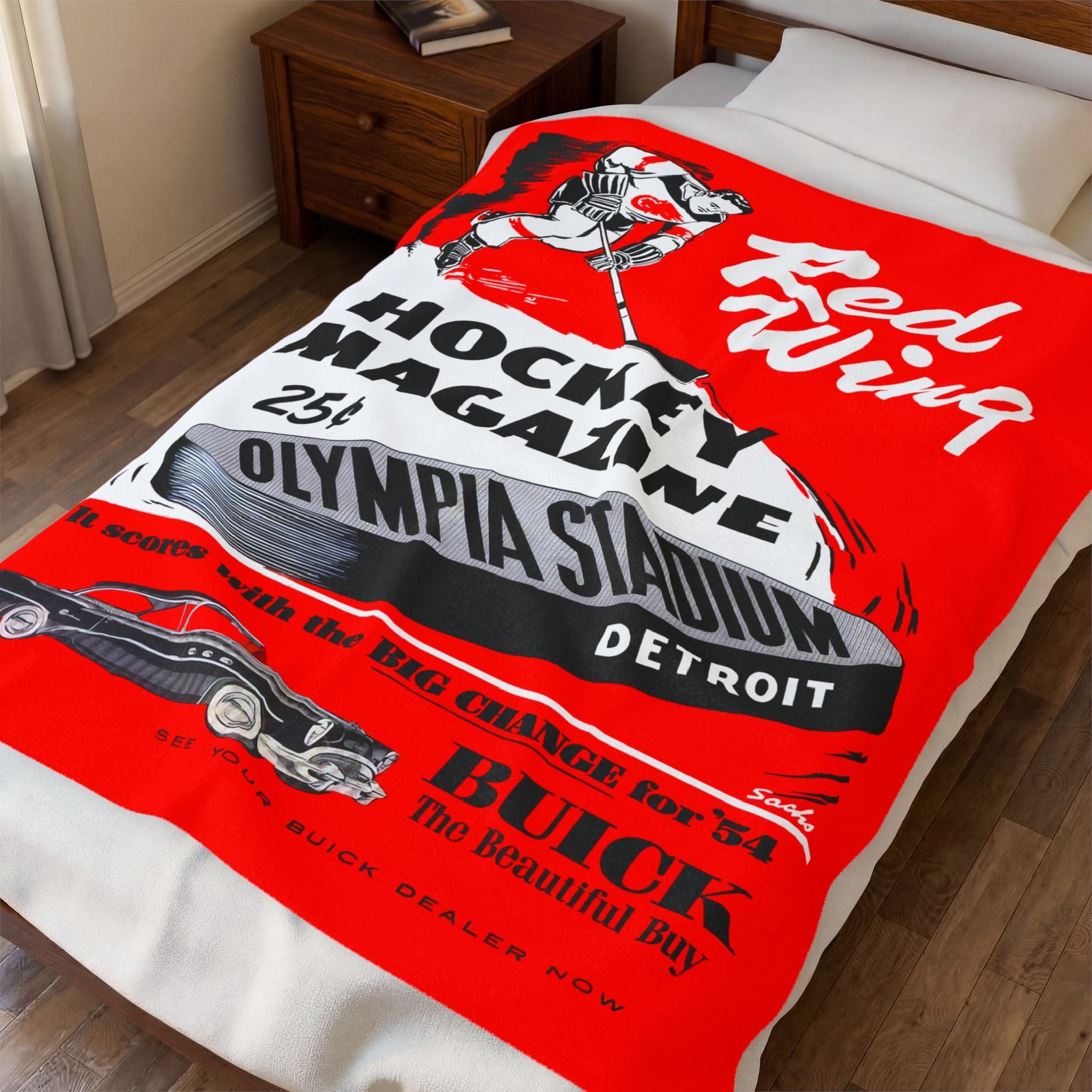 Velveteen Plush Blanket, Detroit Red Wings 1954 Hockey Program Cover, Throw Blanket, Home Decor, Gift for Sports Fan, Hockey Memorabilia,