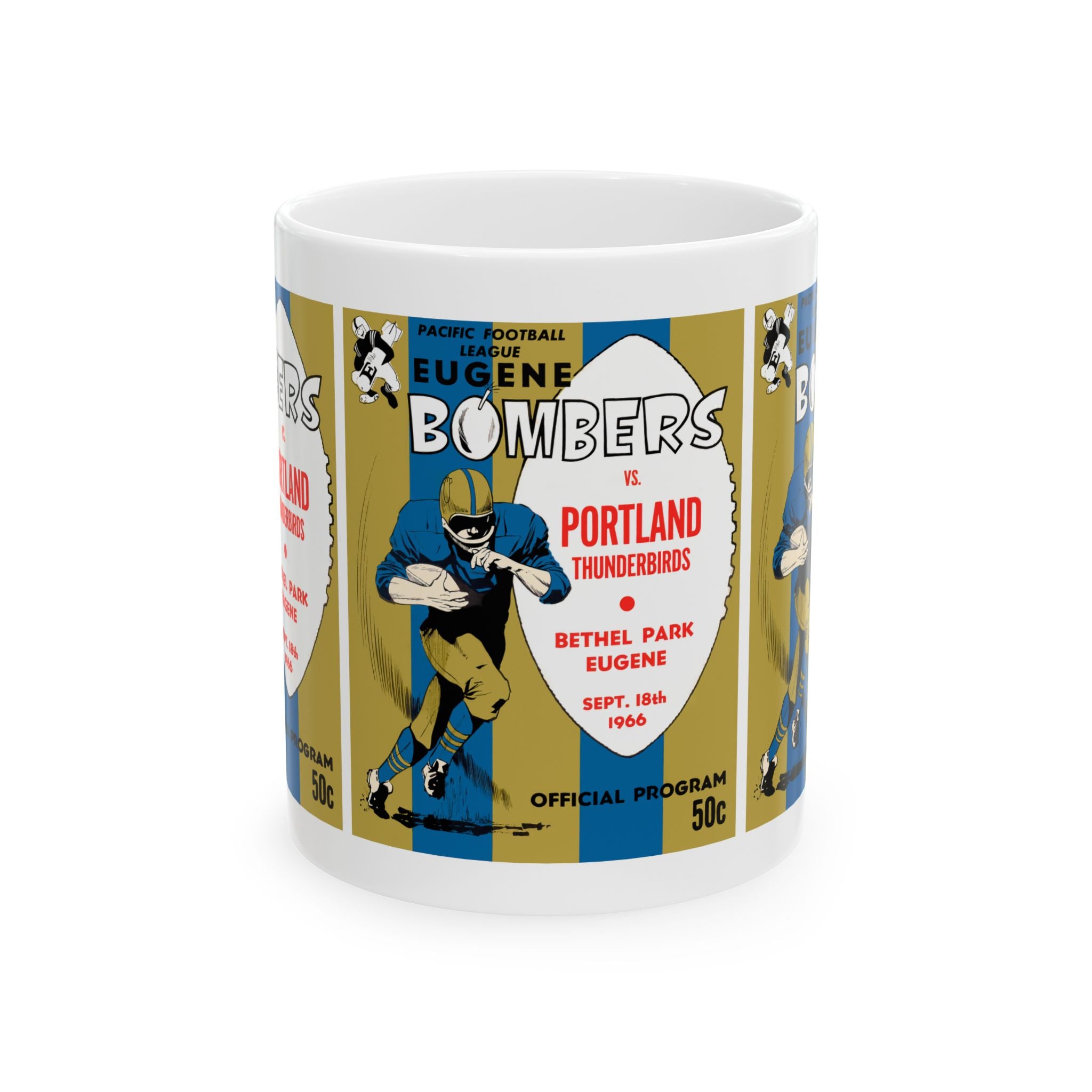Vintage 1966 Football Eugene Bombers-Portland Thunderbirds Ceramic Mug, Retro Sports Fan Drinkware, Gift for Football Enthusiasts, 11oz