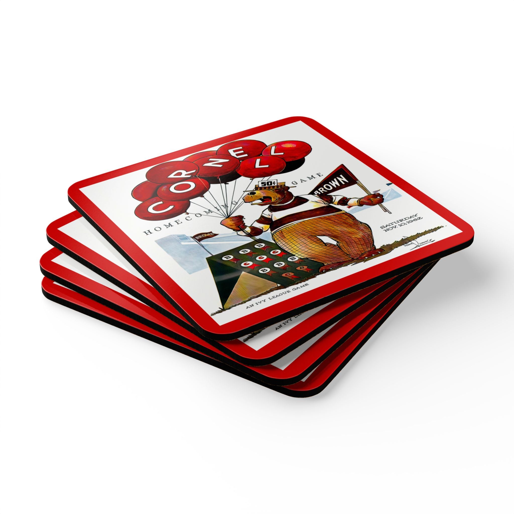 1962 Vintage Brown - Cornell Football Program Cover  - Corkwood Coaster Set