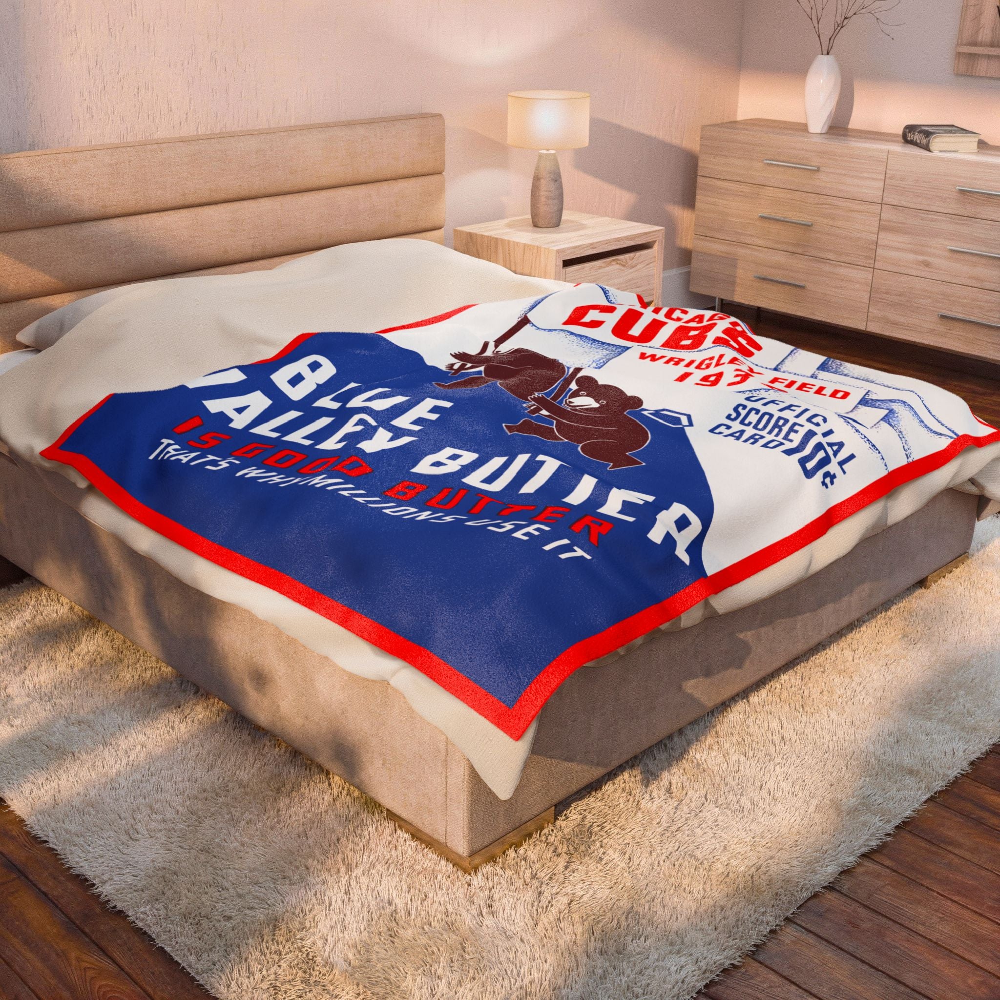 Chicago Cubs Retro Wrigley Field 1938 Velveteen Plush Blanket — 'Blue Valley Butter' Vintage Baseball Throw