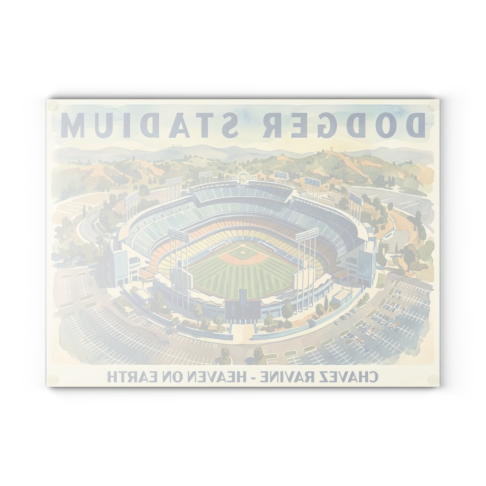 WPA Style Baseball Watercolor Dodger Stadium Glass Cutting Board