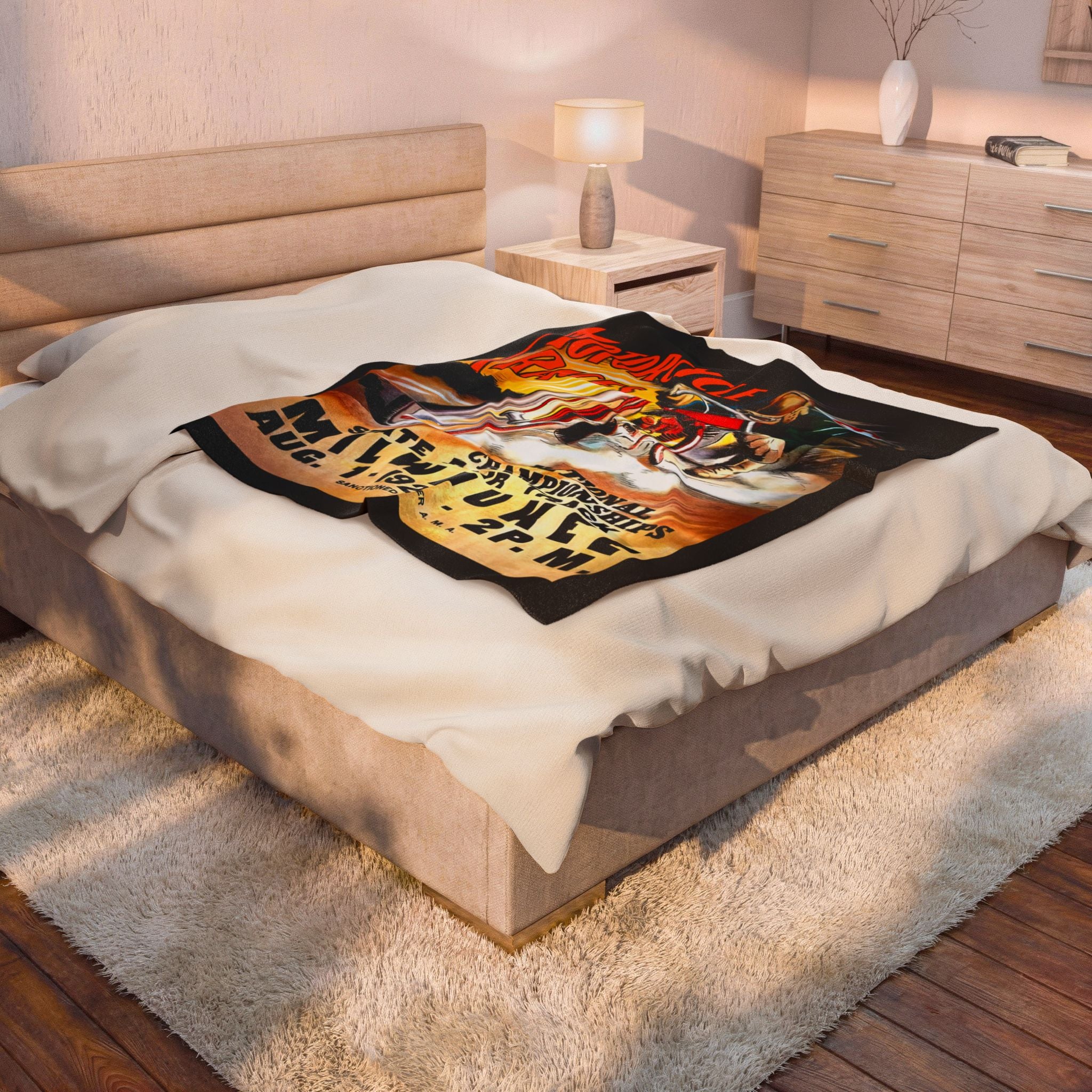 Velveteen Plush Blanket, Cozy Throw Blanket, Motorcycle Races Milwaukee Home Decor, Soft Bedding, Vintage Racing Gift