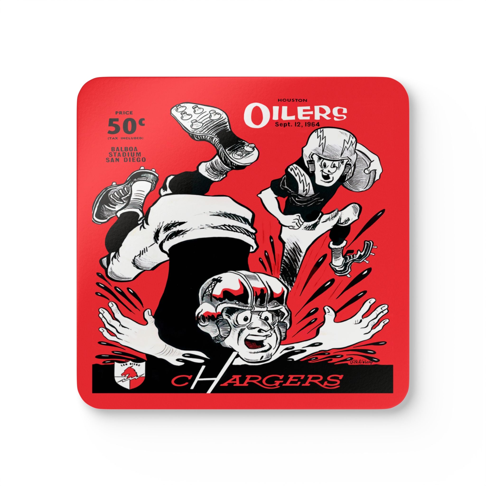1964 Vintage San Diego Chargers - Houston Oilers Football Program Cover - Corkwood Coaster Set