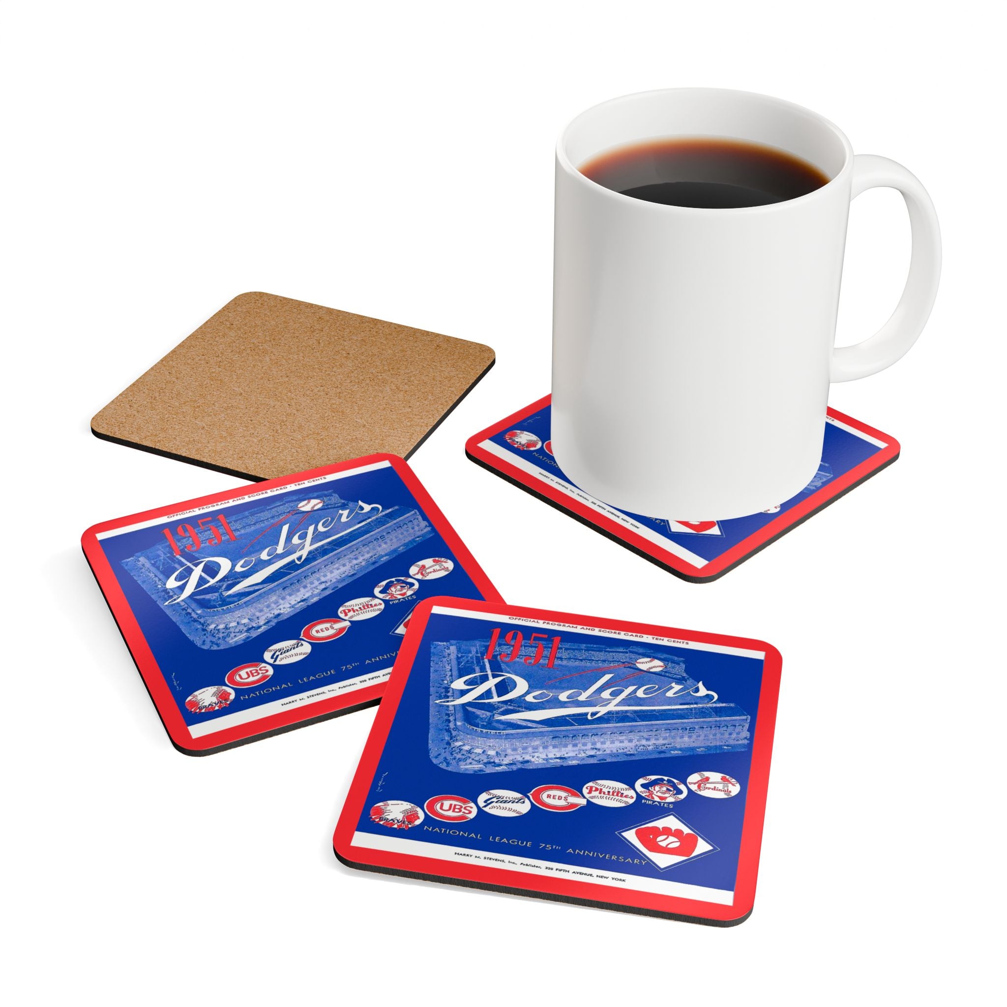 1951 Vintage Brooklyn Dodgers Baseball Program Cover - Corkwood Coaster Set