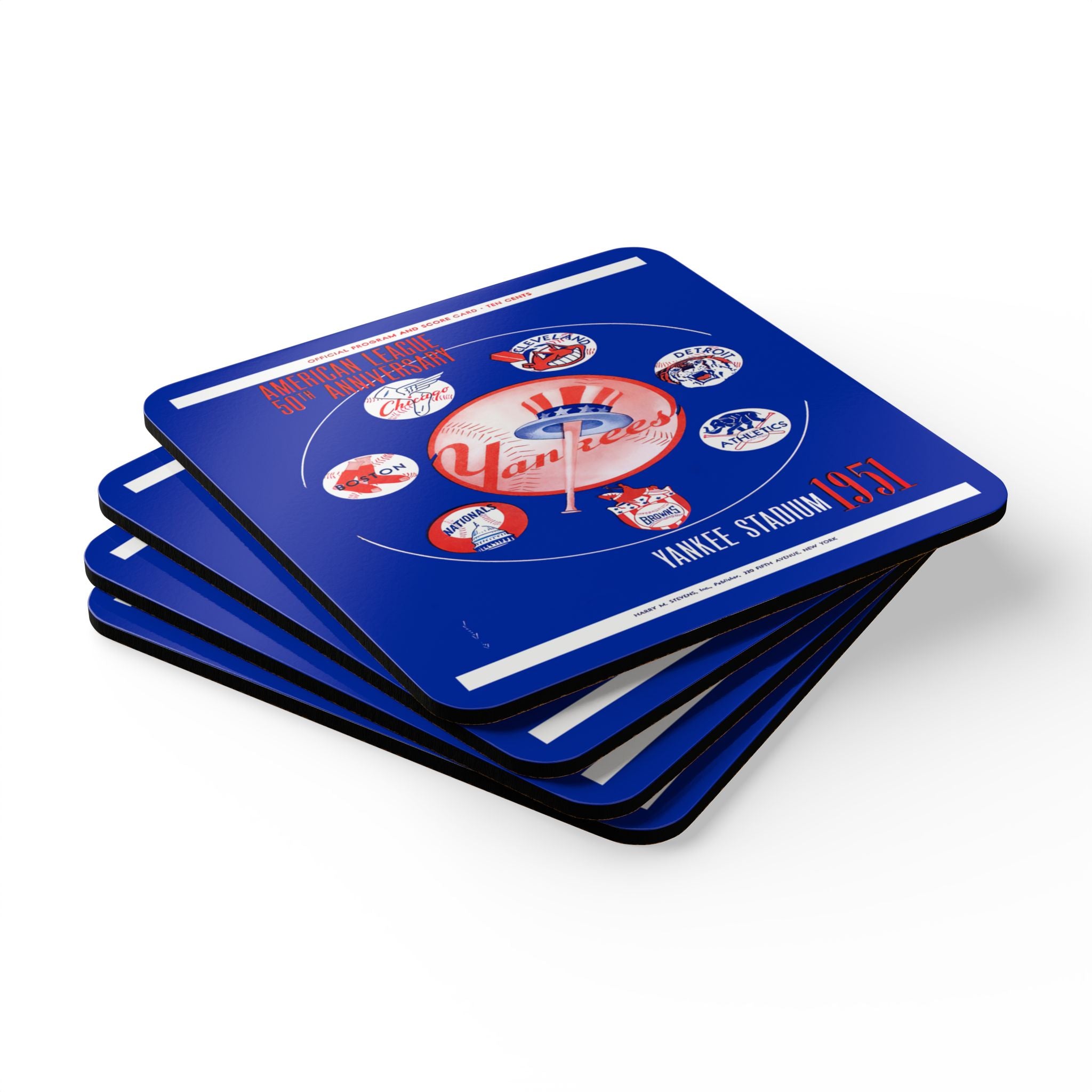 1951 Vintage New York Yankees Scorecard  Cover- 50th Anniversary - American League - Corkwood Coaster Set