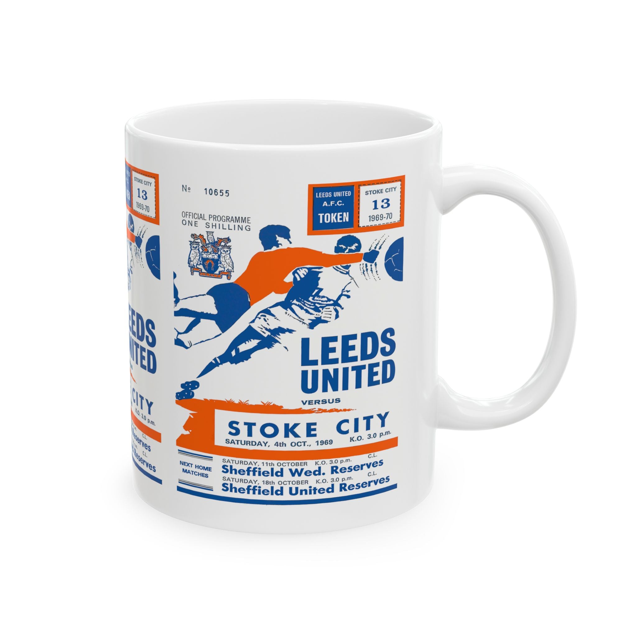 Vintage English Football Ceramic Mug, 11oz, 15oz - 1969 Stoke City vs Leeds United, Soccer Fan Gift, Sports Memorabilia, Retro Football Mug,