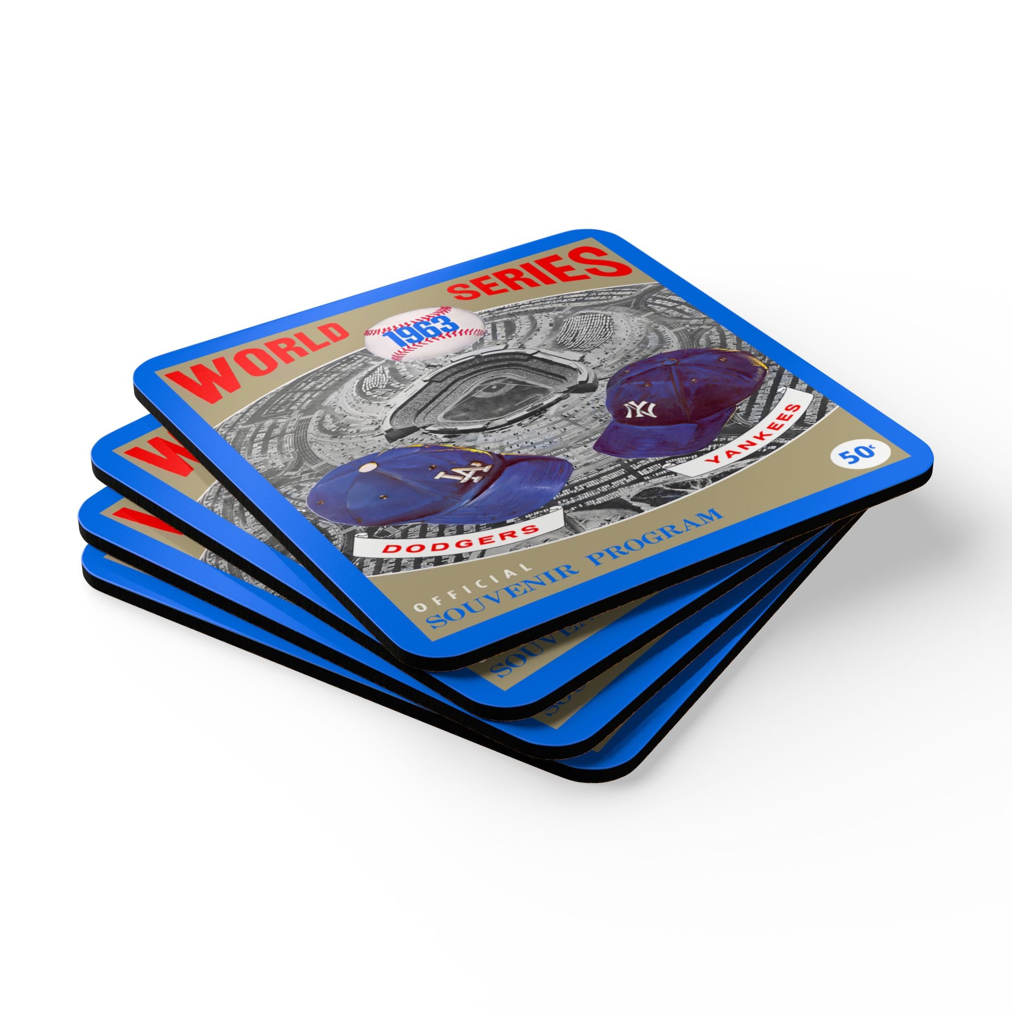1963 Vintage Los Angeles Dodgers - New York Yankees World Series Program Cover - Corkwood Coaster Set