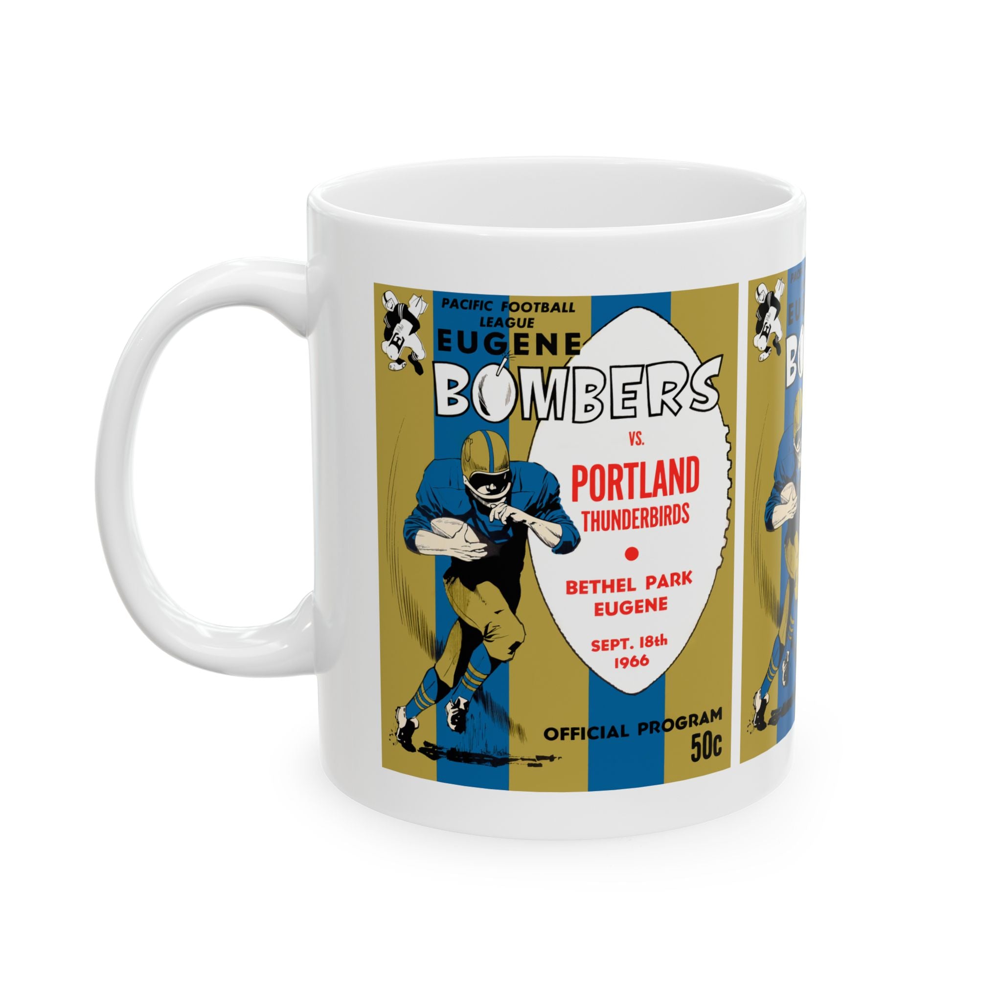 Vintage 1966 Football Eugene Bombers-Portland Thunderbirds Ceramic Mug, Retro Sports Fan Drinkware, Gift for Football Enthusiasts, 11oz