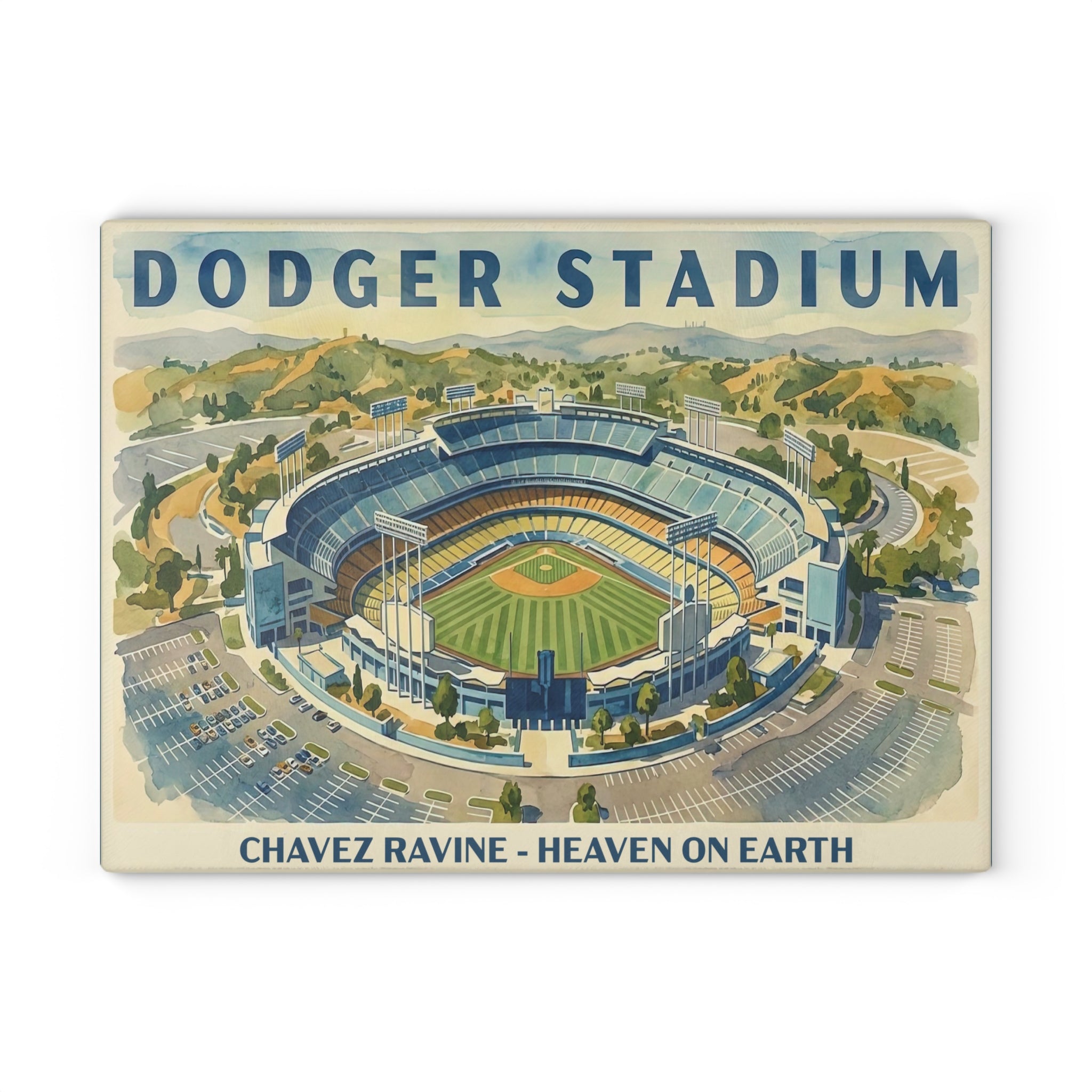 WPA Style Baseball Watercolor Dodger Stadium Glass Cutting Board