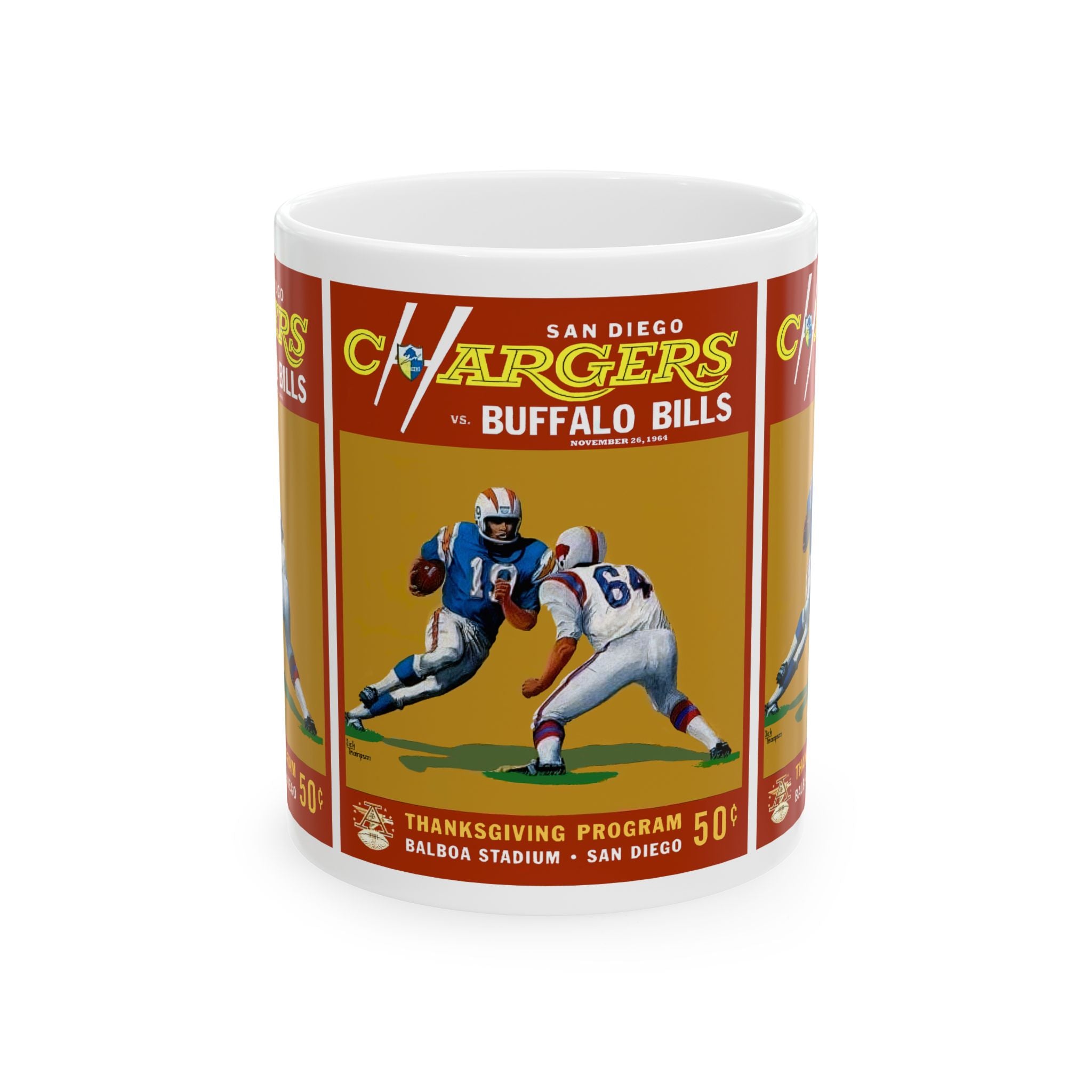Football Ceramic Mug, 1964 San Diego Chargers Buffalo Bills Sports Fan 11oz White Coffee Cup, Gift for Football Enthusiast, Sports Lover,