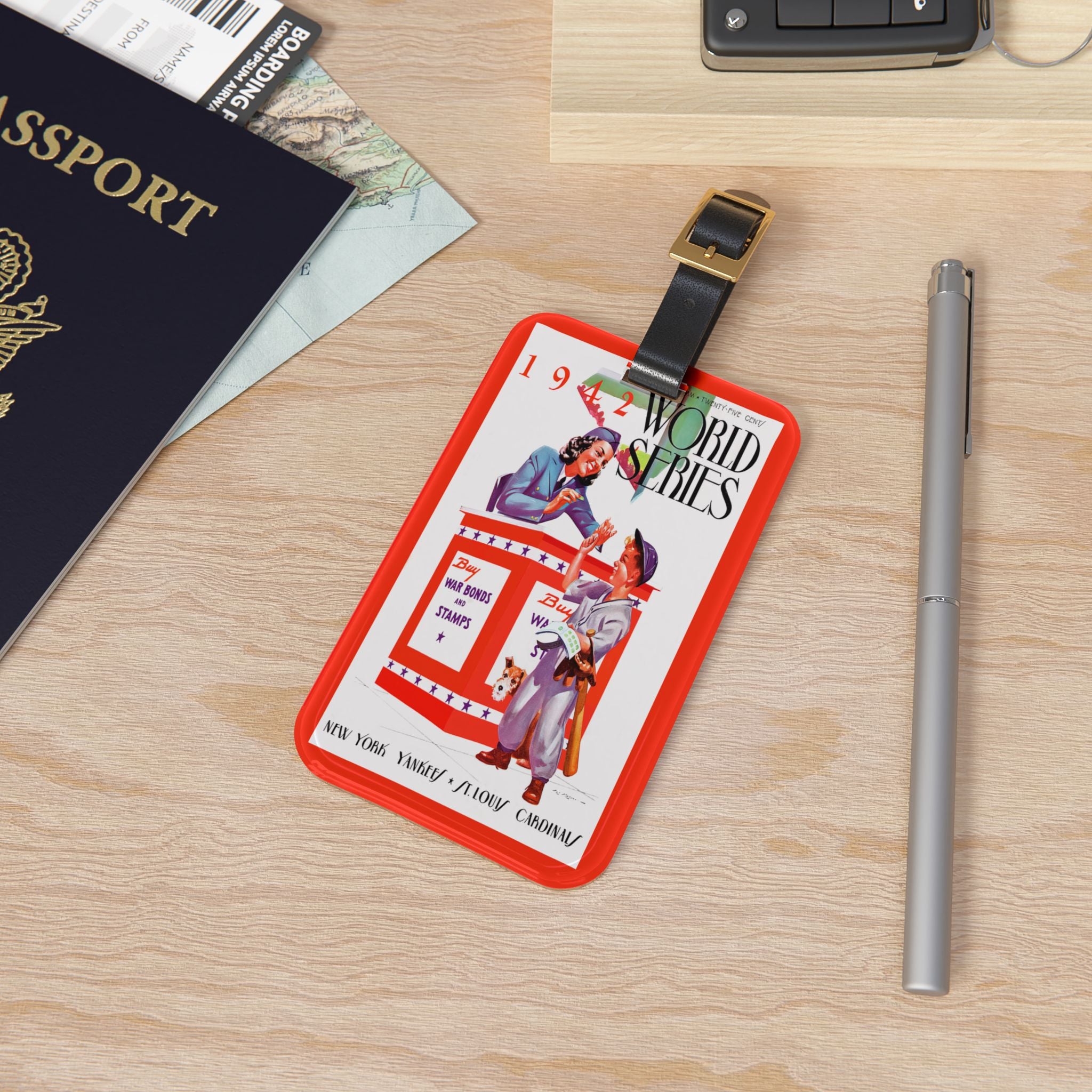 1942 Baseball World Series Luggage Tag — St. Louis vs. New York Vintage Travel Tag