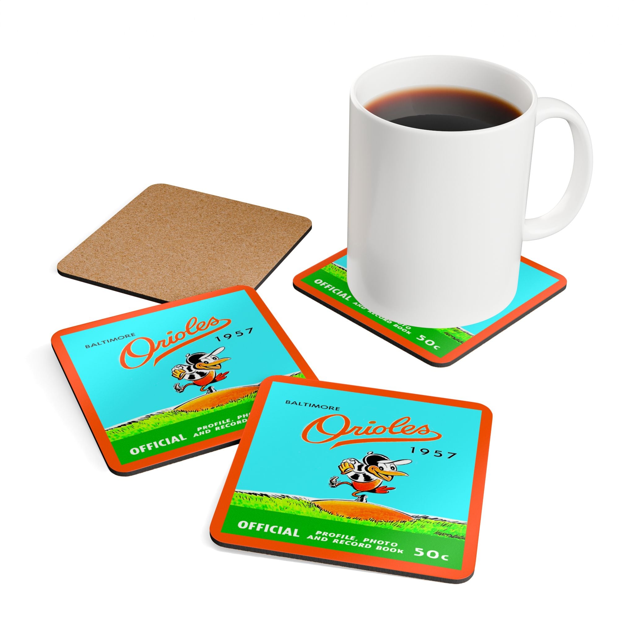 1957 Vintage Baltimore Orioles Program Cover - Corkwood Coaster Set
