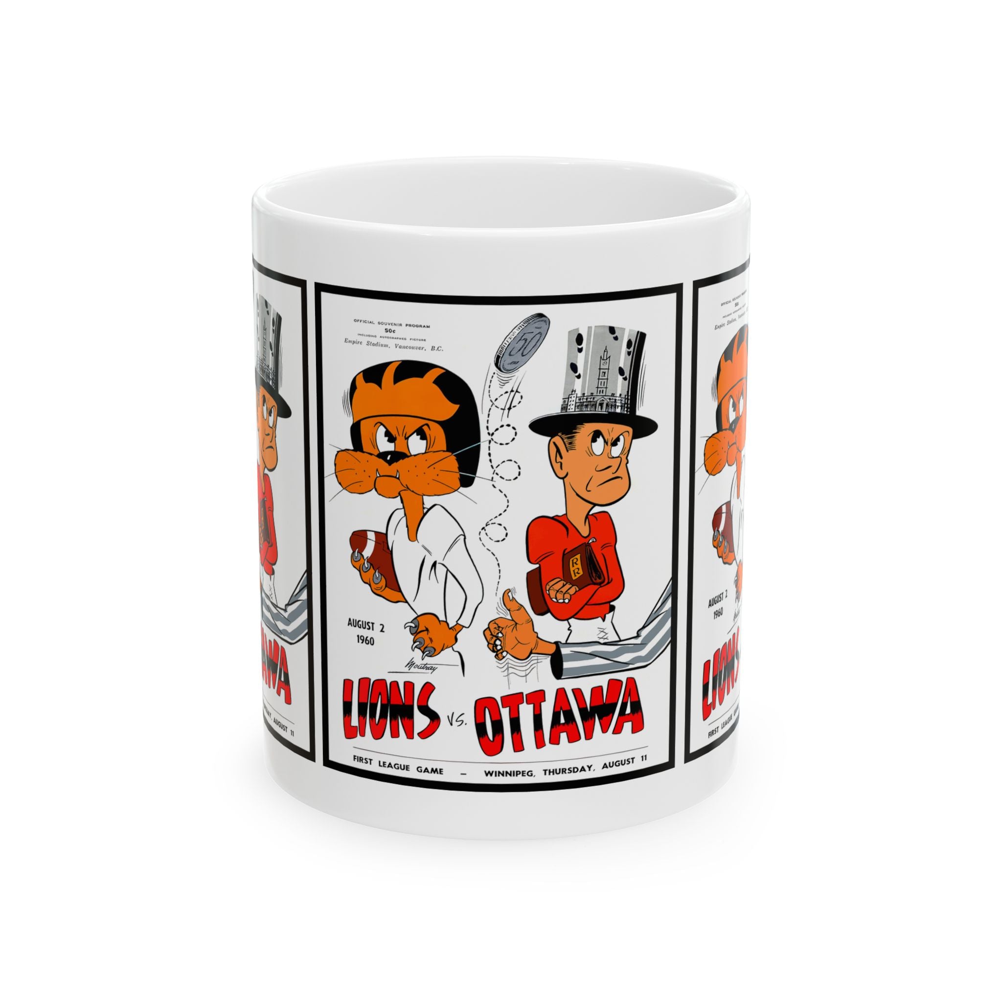 Vintage 1960 Football Ottawa Rough Riders vs BC Lions Ceramic Mug, Sports Fan Gift, Retro Style Cup, Football Game Memorabilia, CFL Matchup,