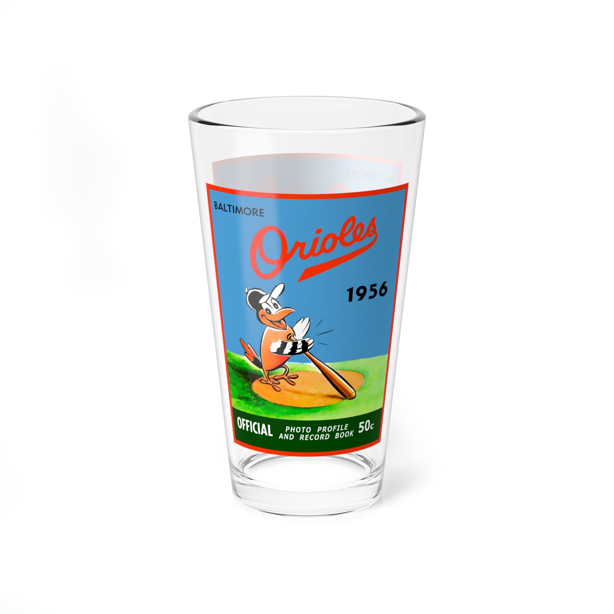 Baseball Mixing Glass, 16oz - 1956 Baltimore Orioles Yearbook, Gift for Baseball Fans, Sports Bar Decor, Unique Glassware, Vintage Baseball