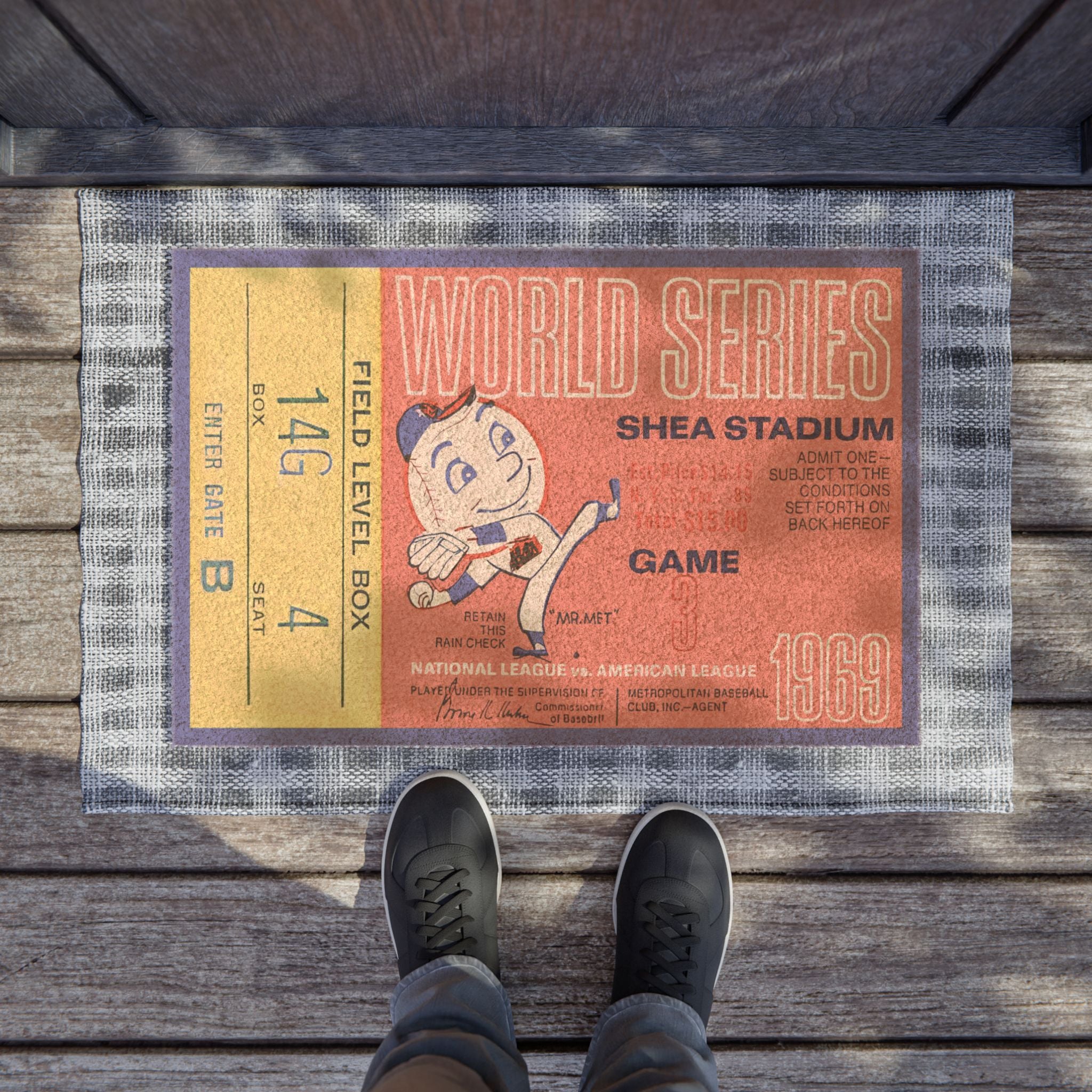 Doormat, 1969 Vintage Baseball World Series Ticket - New York Mets - Shea Stadium - Game 3, Entryway Rug, Baseball Fan Gift, Sports