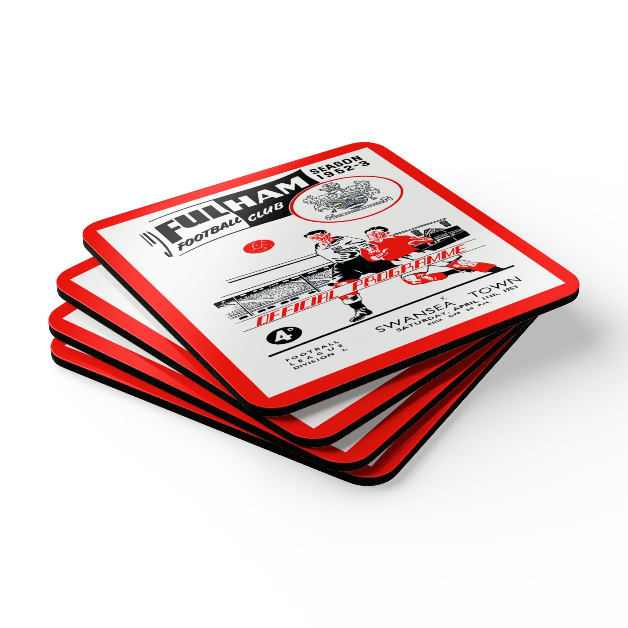 1953 Vintage Fulham Football Club - Swansea Town English Football Program Cover - Corkwood Coaster Set