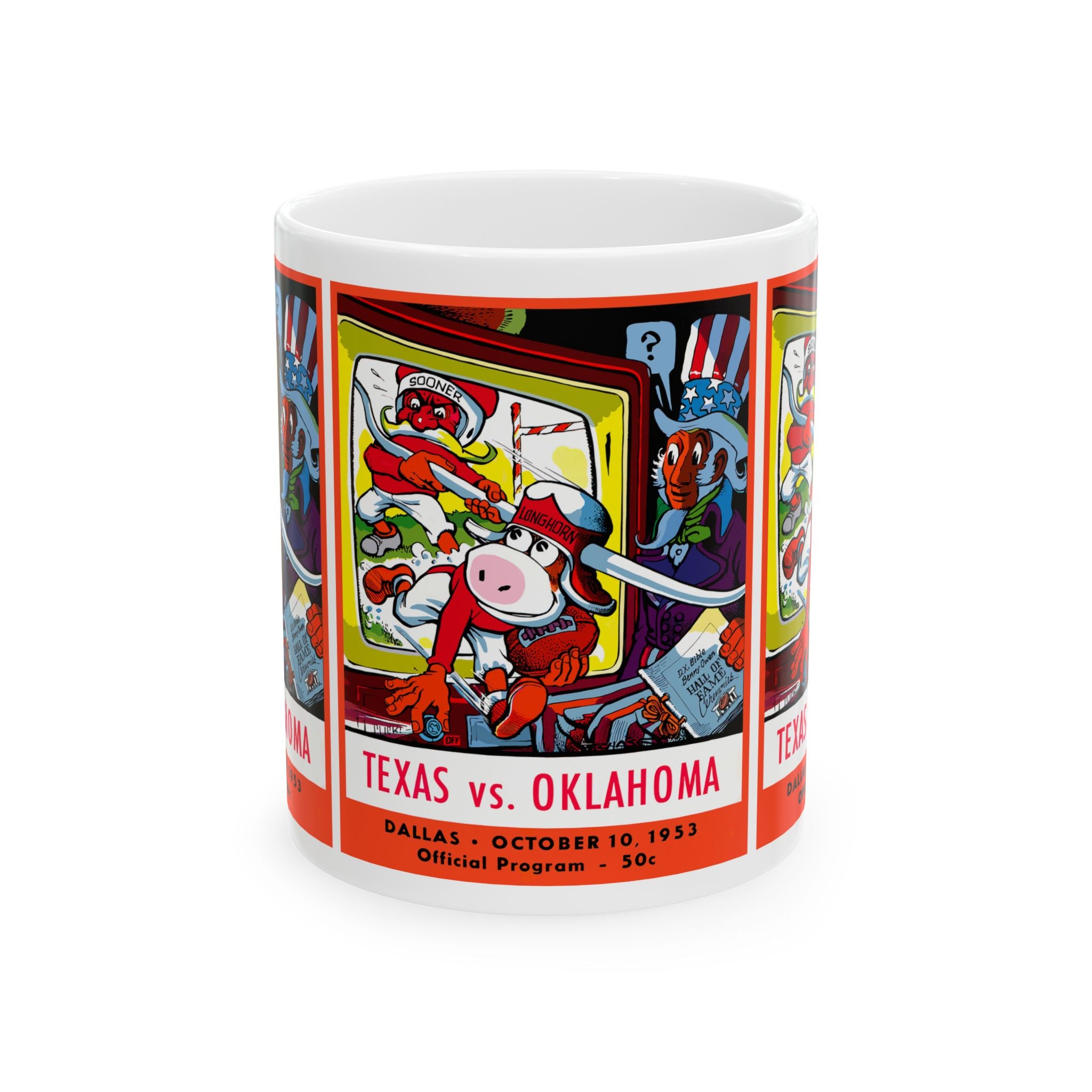 Ceramic Mug, 1953 Football Oklahoma Texas, Vintage Design Coffee Cup, Sports Fan Gift, Football Lover Mug, Team Rivalry Cup, College Game