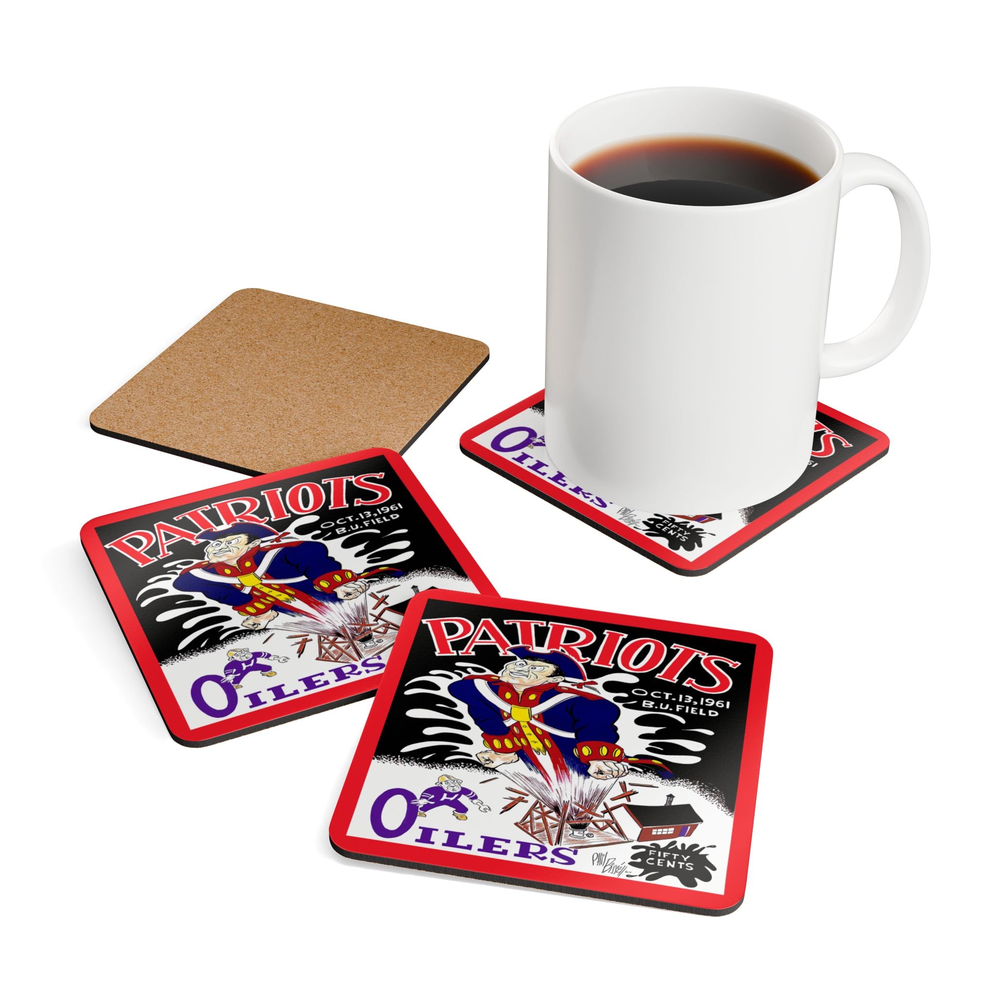 1961 Vintage Boston Patriots -Houston Oilers Football Program Cover - Corkwood Coaster Set