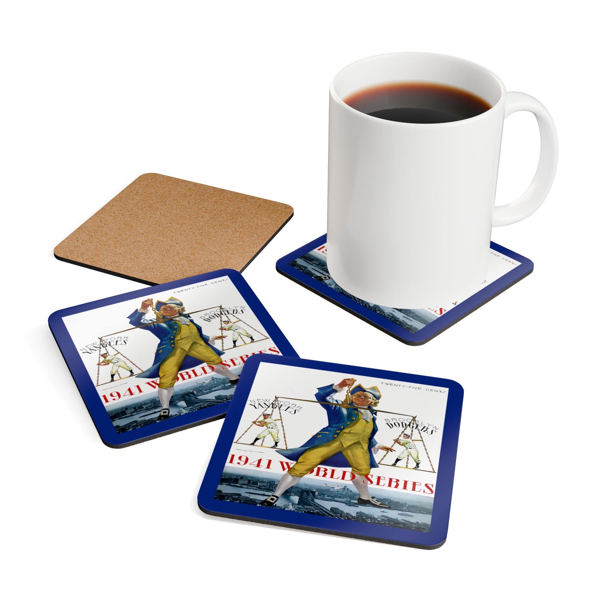 1941 Baseball World Series Brooklyn Dodgers - New York Yankees - Corkwood Coaster Set