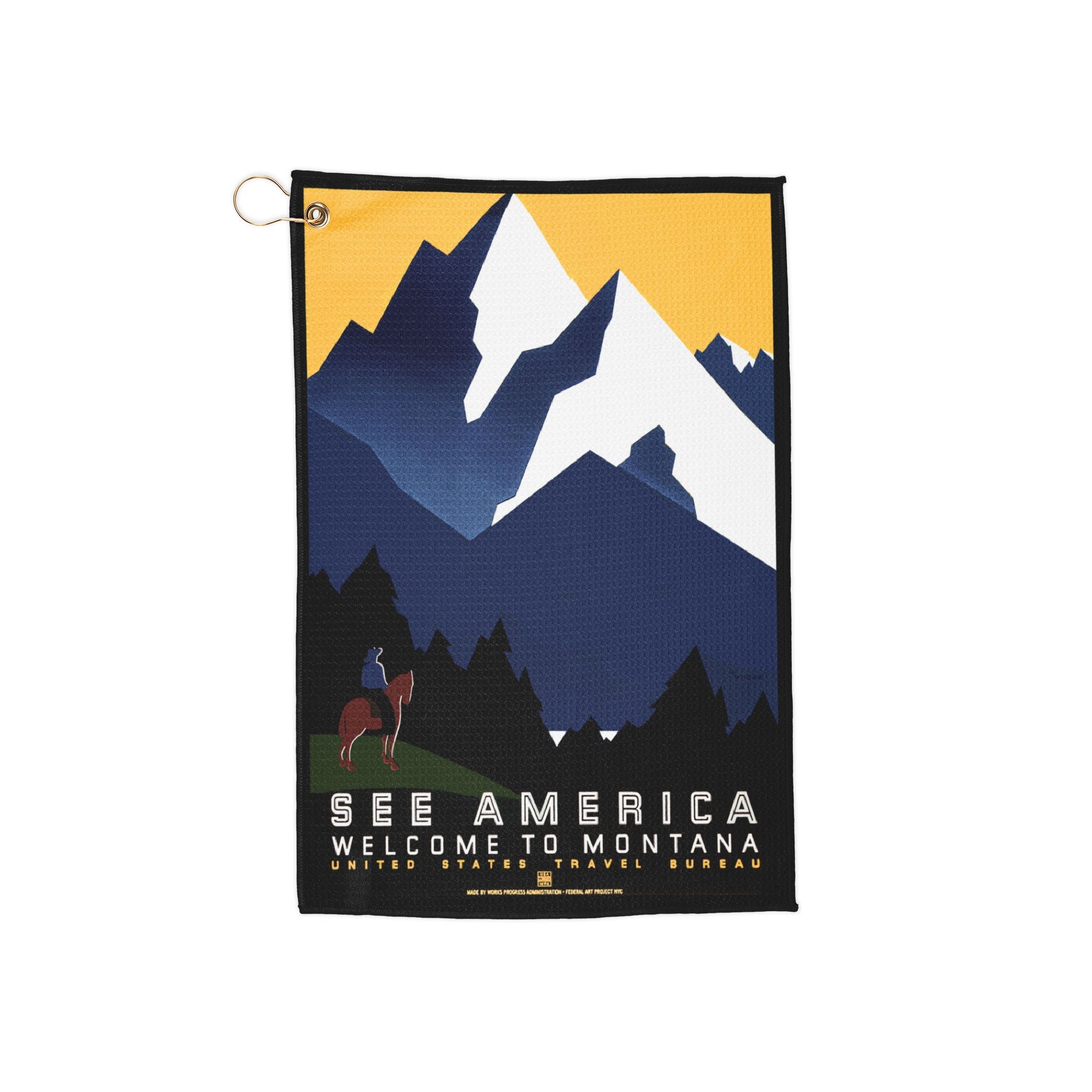 Golf Towels - WPA See America - Welcome to Montana, Vintage Style Golf Towel, National Parks Gift, Retro Golf Accessories, Outdoor Sports