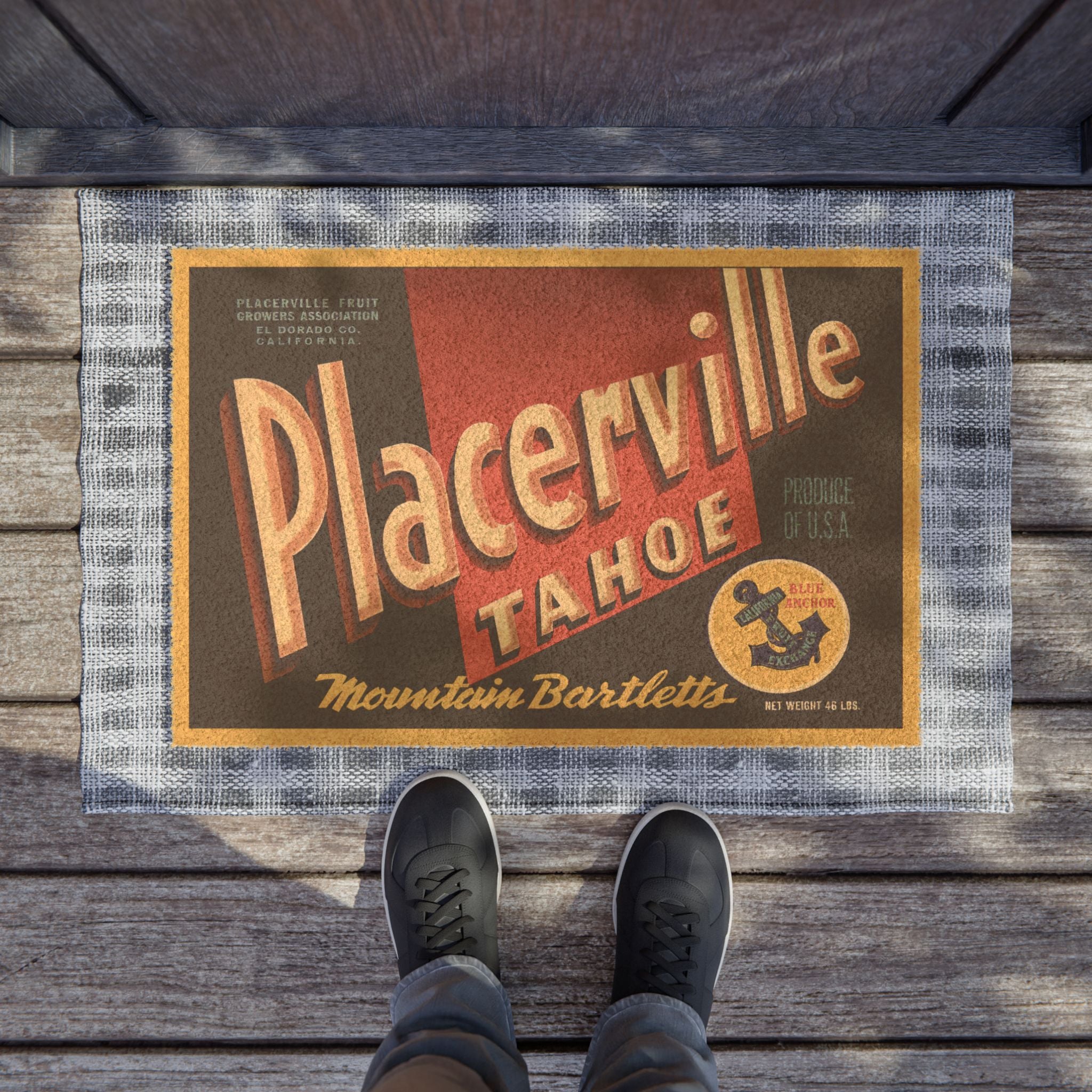 Doormat, Placerville Tahoe Produce Label - Vintage Farmhouse Decor, Rustic Home Entryway Rug, Kitchen Mat, Housewarming Gift, Farmhouse Chic