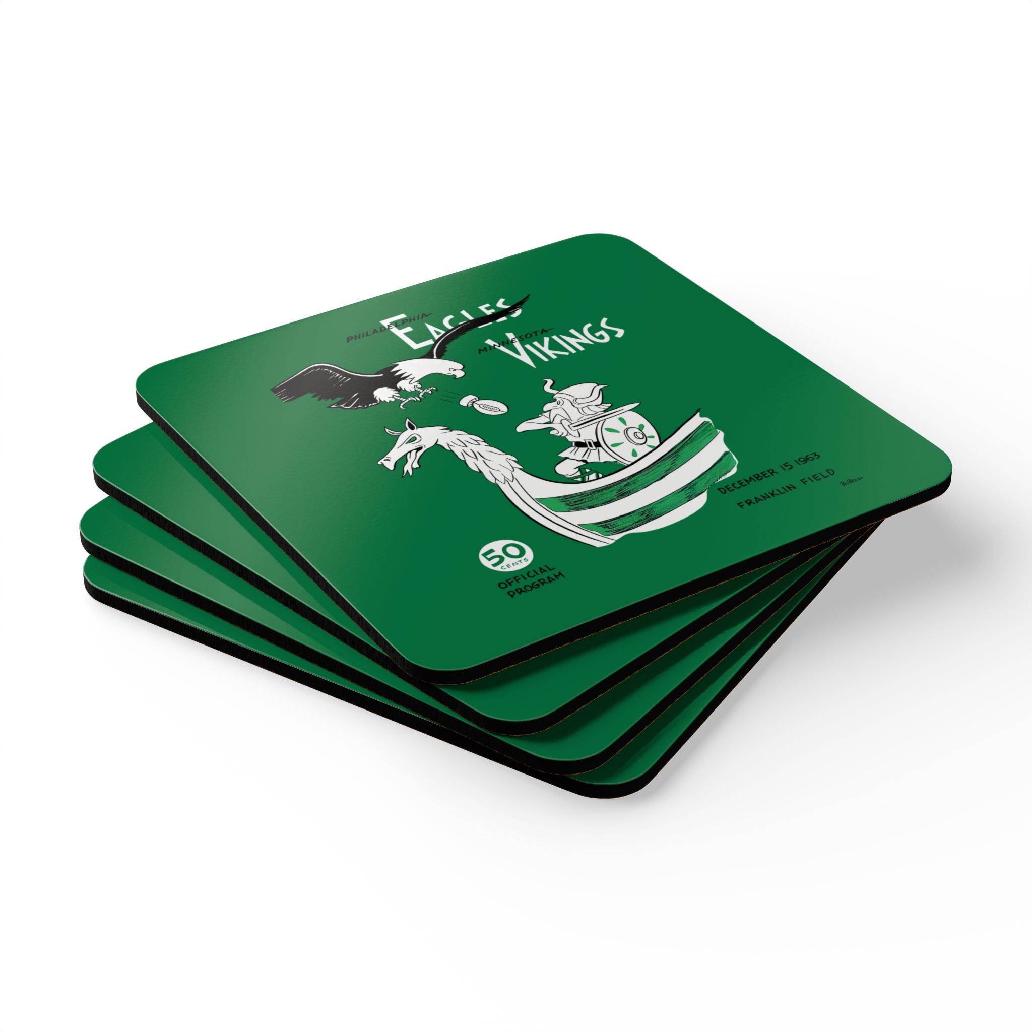 1963 Vintage Minnesota Vikings - Philadelphia Eagles Football Program Cover - Corkwood Coaster Set