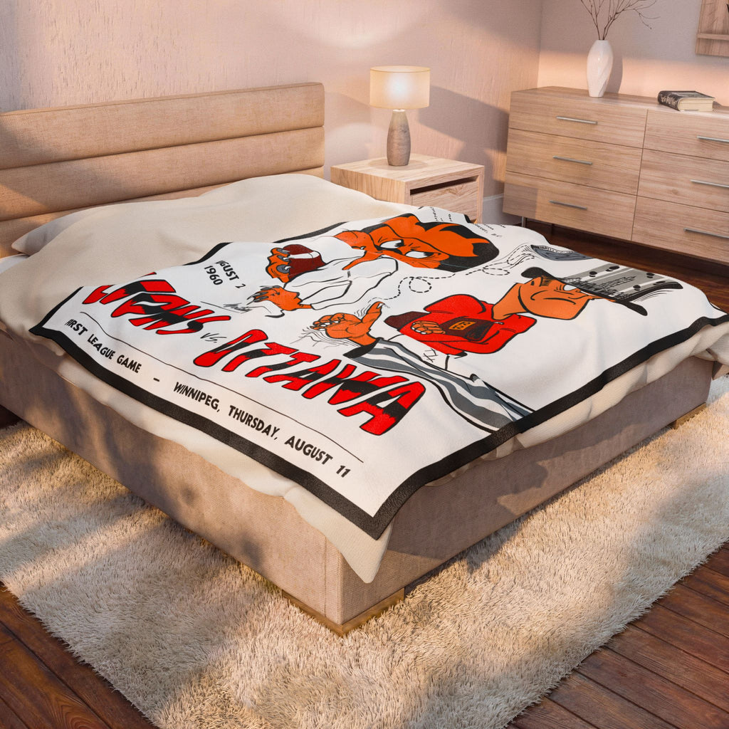 Velveteen Plush Blanket, 1960 CFL Football Ottawa Rough Riders - BC Lions, Vintage Sports Throw, Retro Football Bedding, Cozy Fleece