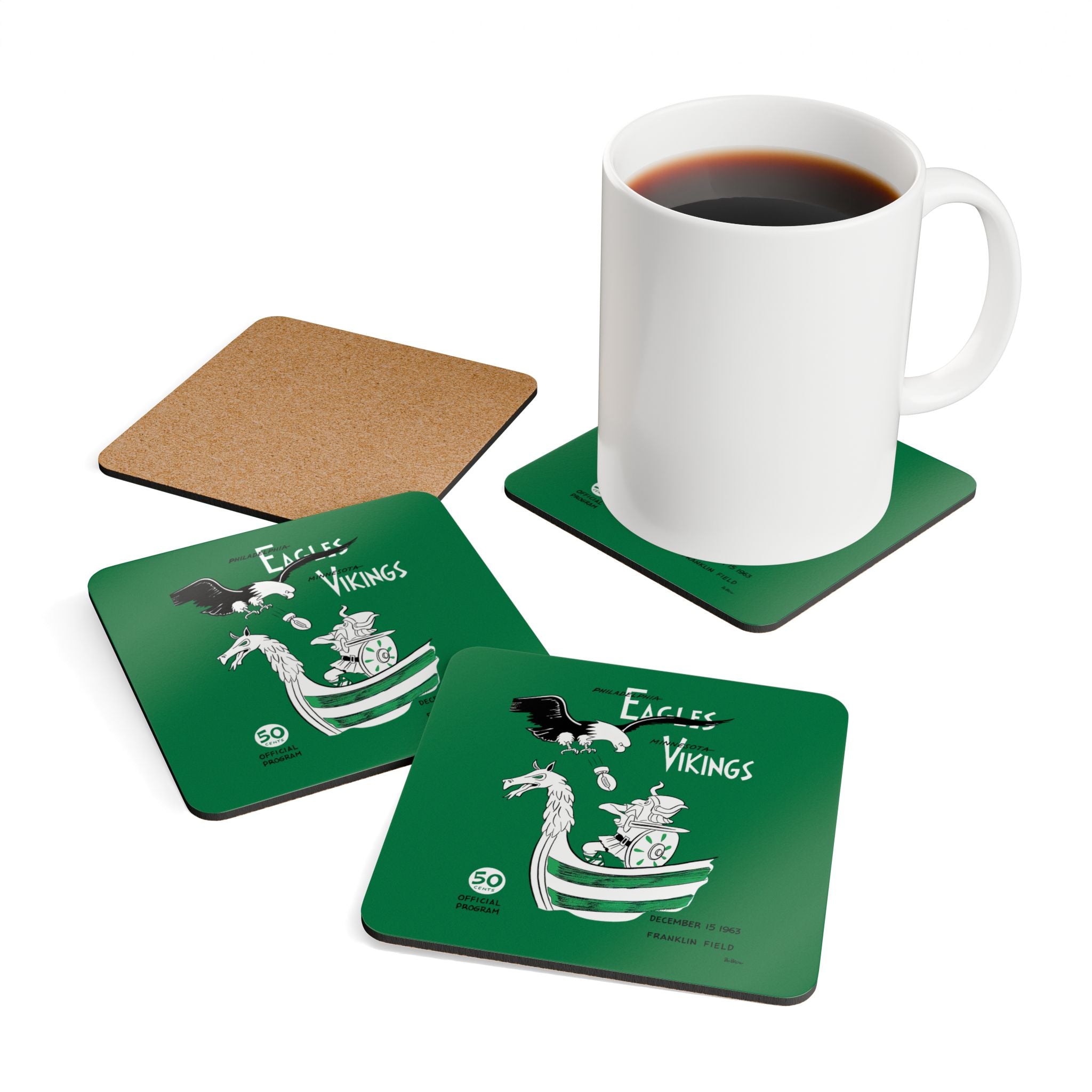 1963 Vintage Minnesota Vikings - Philadelphia Eagles Football Program Cover - Corkwood Coaster Set