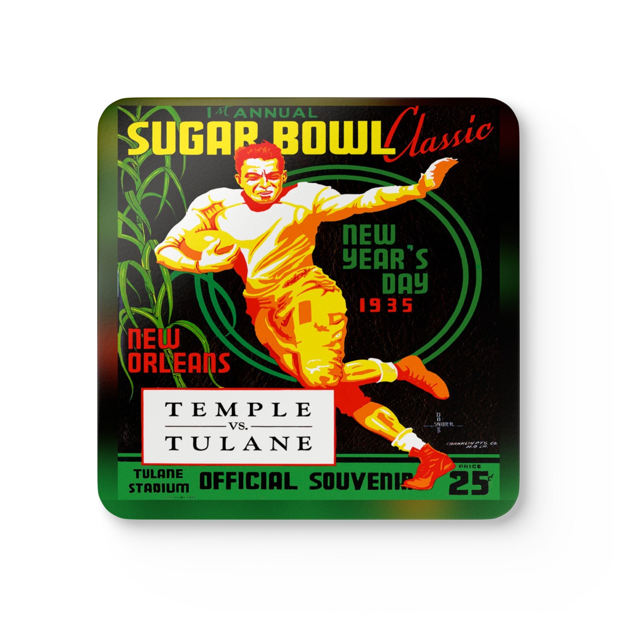 1934 Vintage Sugar Bowl - Temple Owls - Tulane Green Waves Football Program Cover - Corkwood Coaster Set