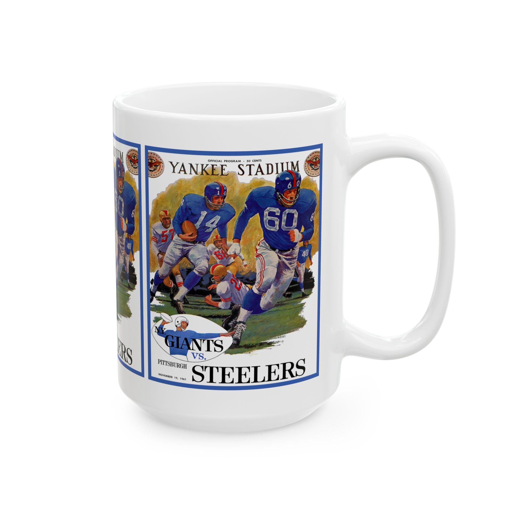 1961 Vintage Football Game Ceramic Mug — 'Giants vs Steelers' Yankee Stadium Poster (11oz/15oz)