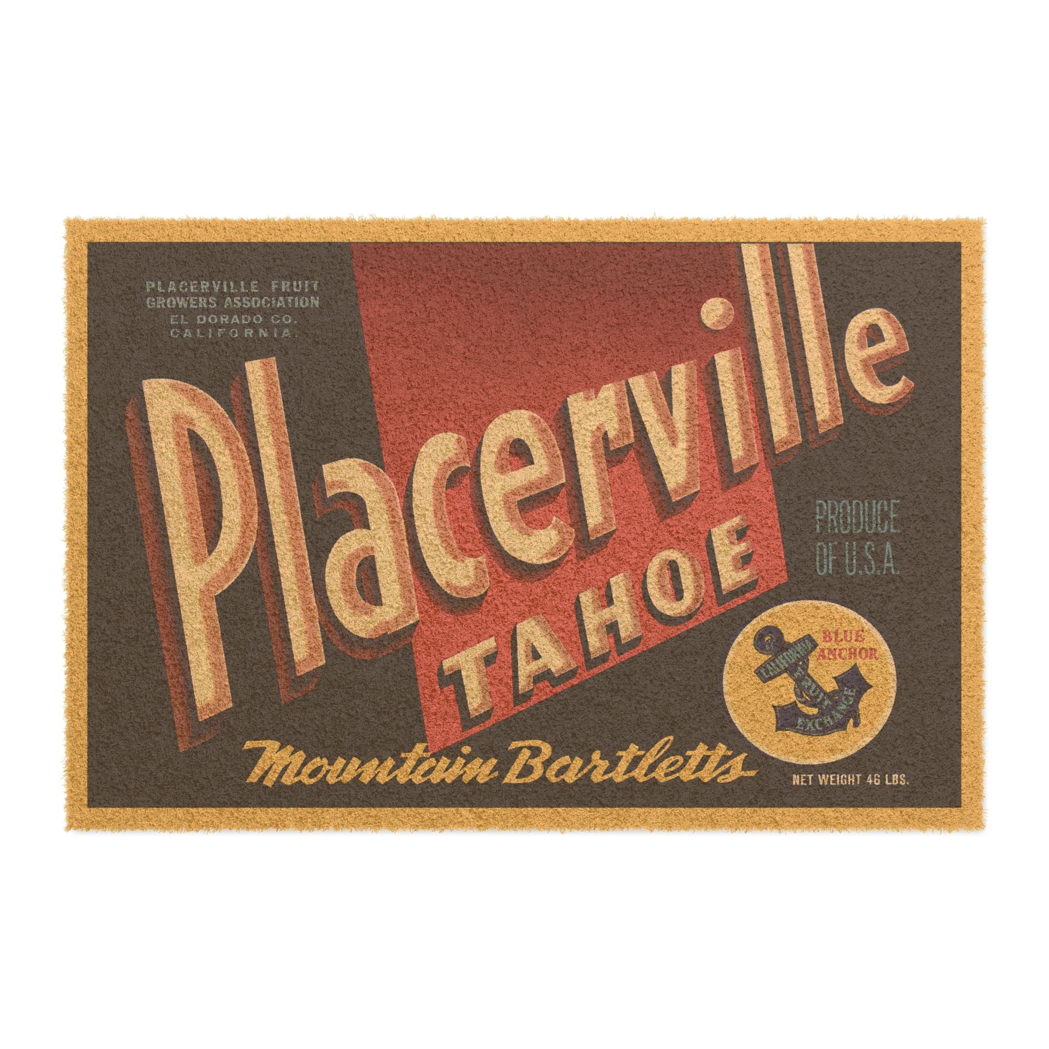 Doormat, Placerville Tahoe Produce Label - Vintage Farmhouse Decor, Rustic Home Entryway Rug, Kitchen Mat, Housewarming Gift, Farmhouse Chic