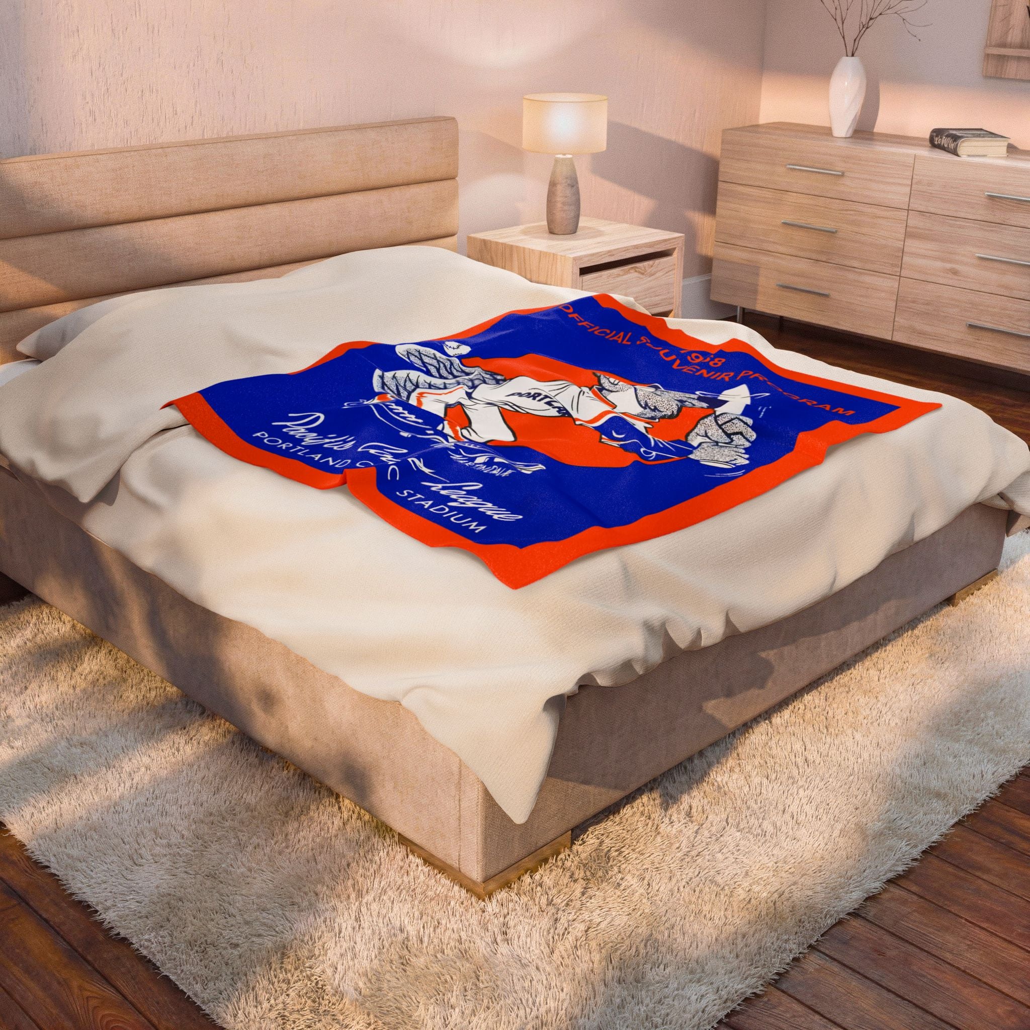 Velveteen Plush Blanket, Vintage 1968 Baseball Portland Beavers Pacific Coast League Throw, Cozy Stadium Sports Bedding, Retro Sports Fan