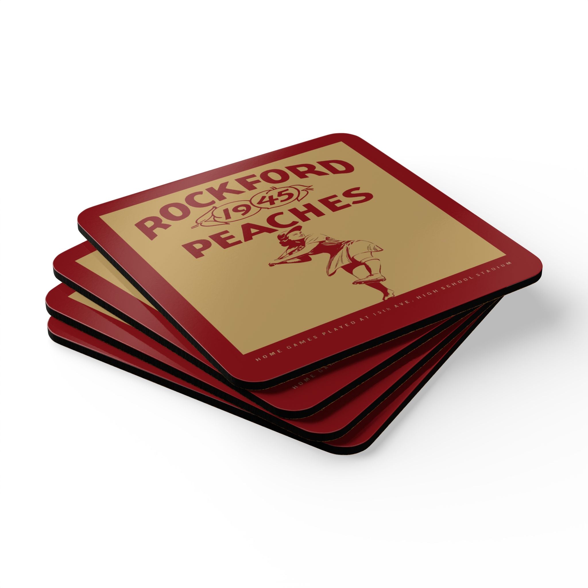 1945 Vintage Rockford Peaches Baseball Yearbook Cover- Corkwood Coaster Set